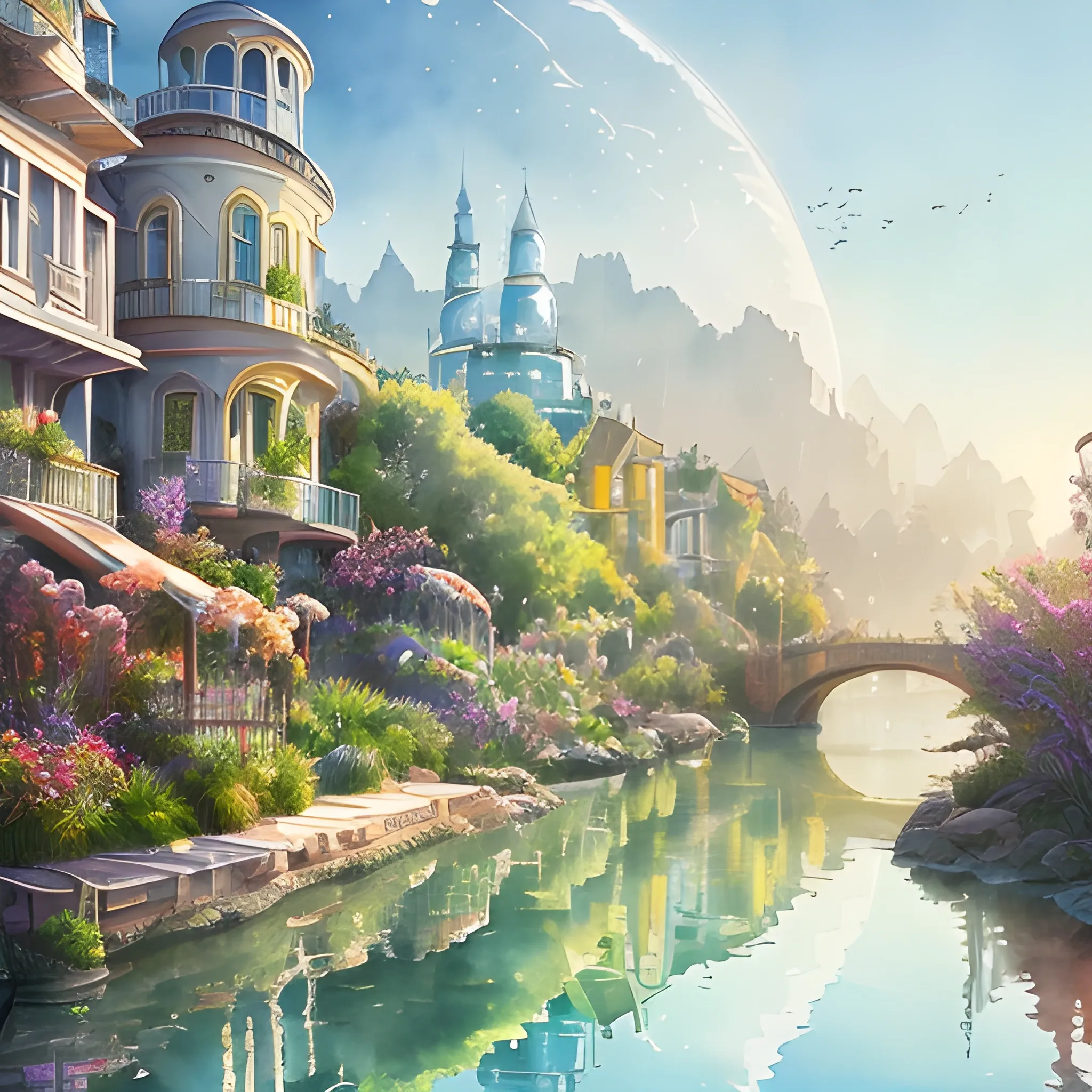 Beautiful happy picturesque charming sci-fi town in harmony with nature. Beautiful light. Water and plants. Nice colour scheme, soft warm colour. Beautiful detailed artistic watercolor by Vincent. (2022), 3D