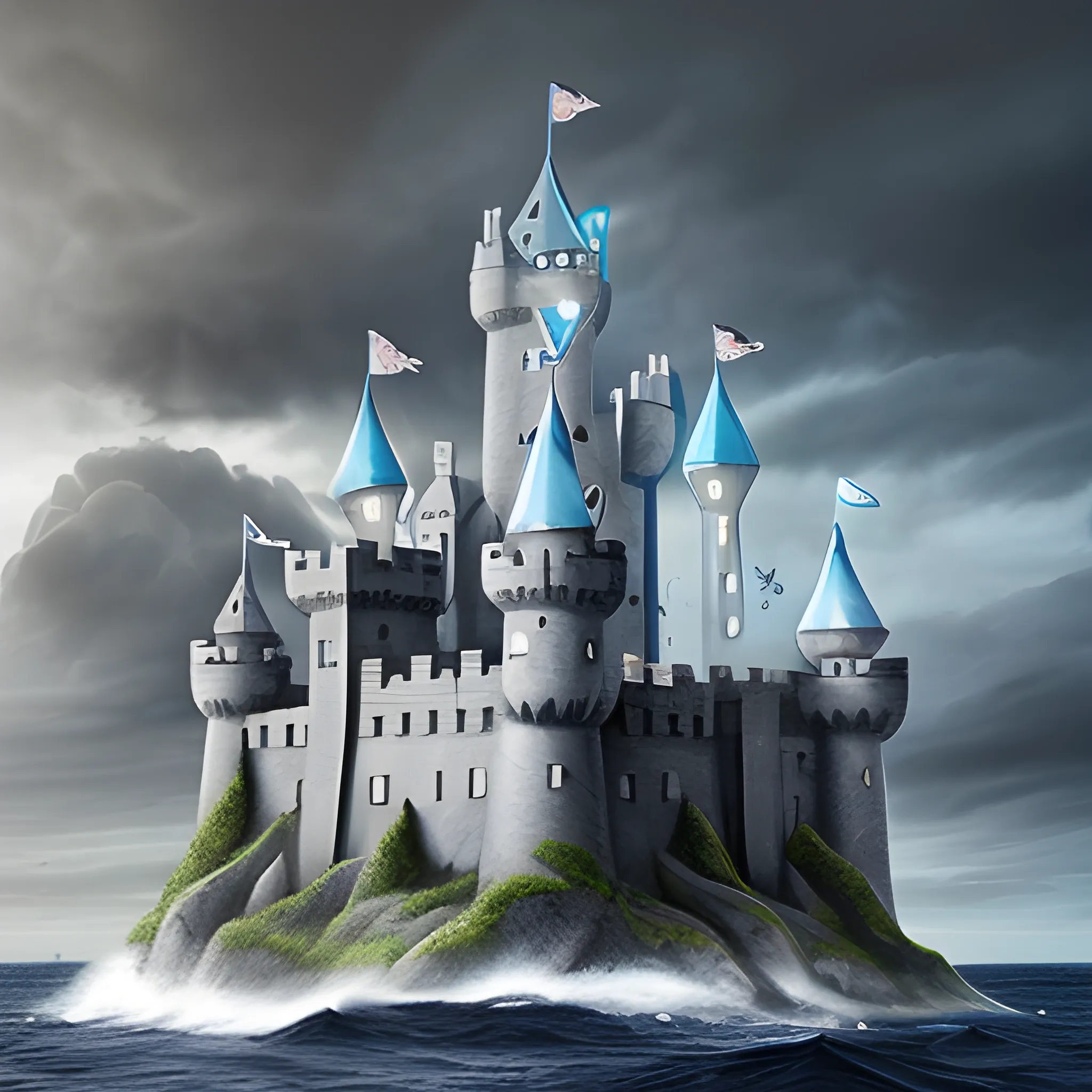 A grey castle made of seashealls. medieval-inspired with a lot of towers, high above sea-leavel, on a stormy night, with blue flags.