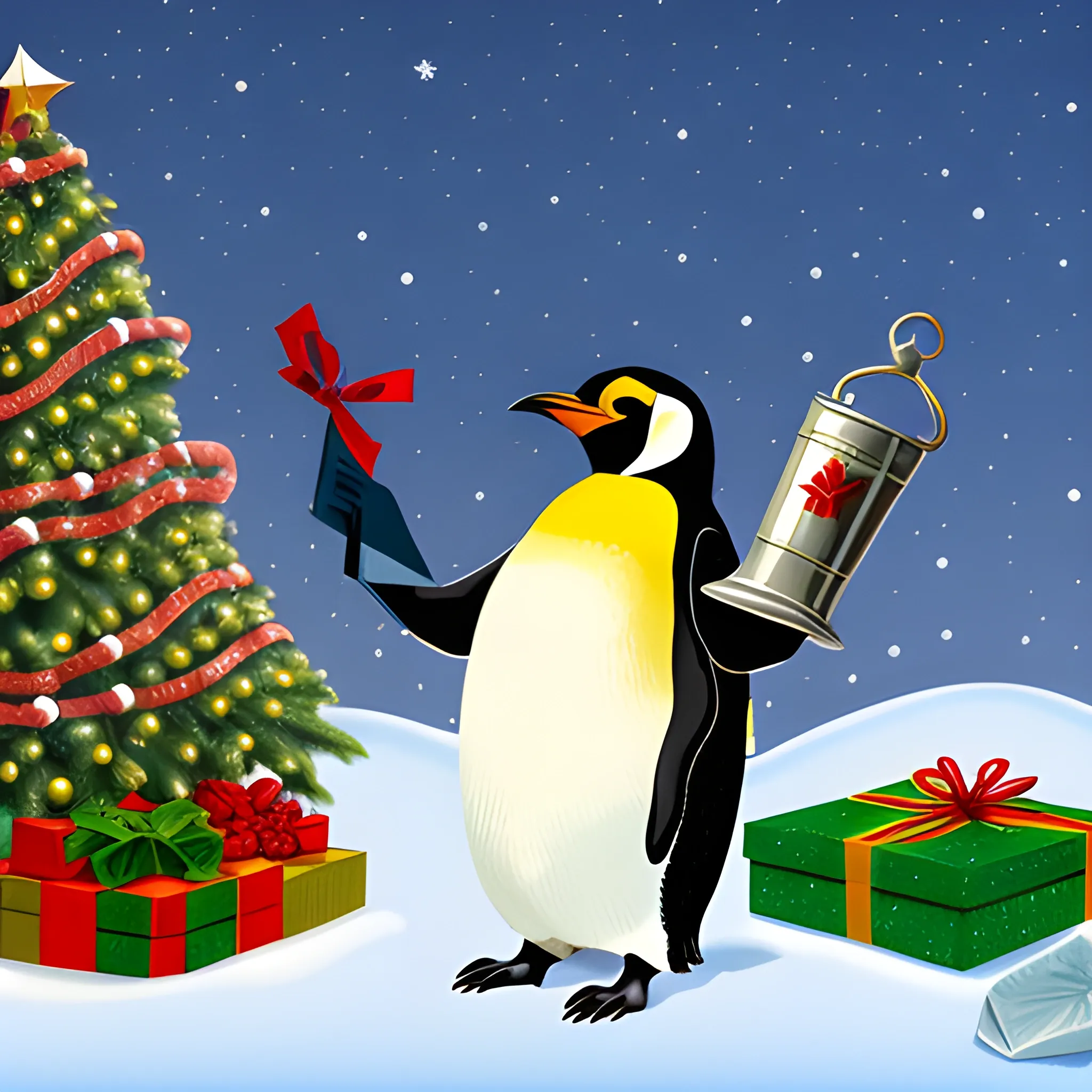 illustration, emperor penguin baby smiles happily, celebrating Xmas in his room, with Xmas tree, holding party crackers in his hand, holding handbell the other hand 