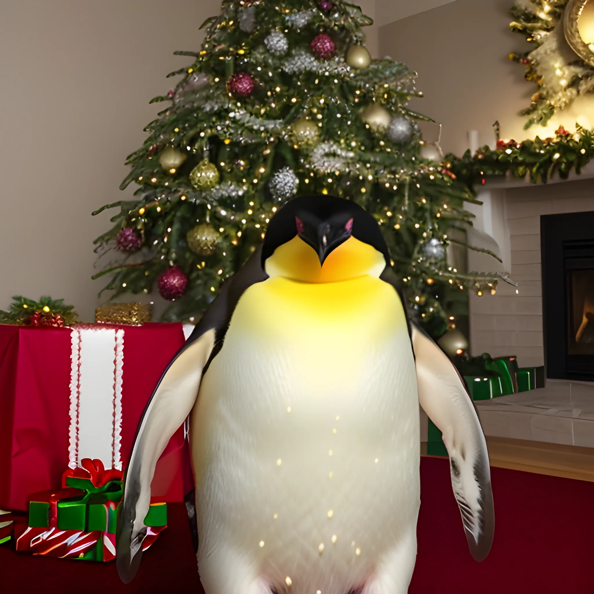 Photo, baby emperor penguin, he smiles happily, he celebrates Xmas in his room, with Xmas tree, holding party crackers in his hand, holding handbell the other hand 