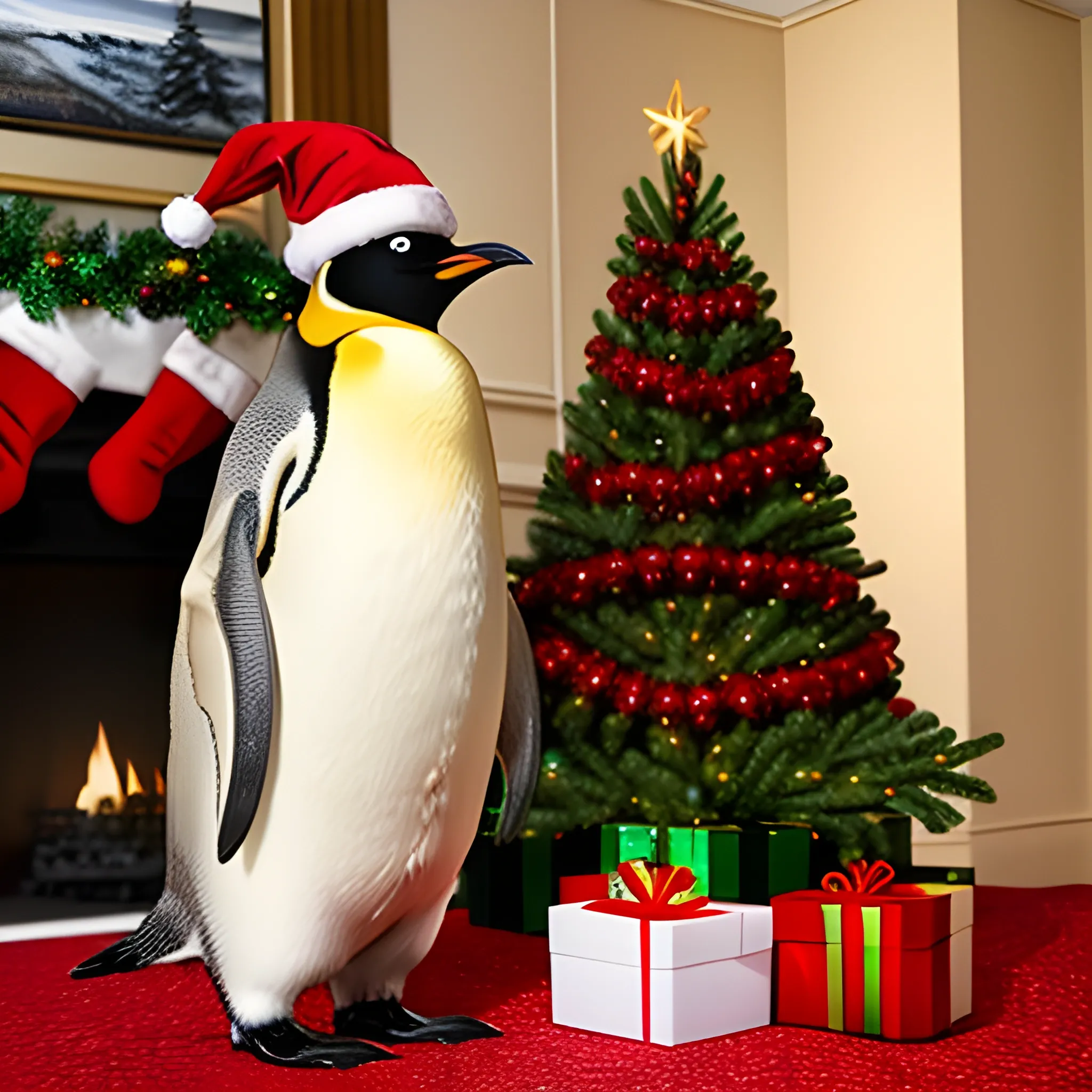 Baby emperor penguin, celebrates christmas, in front of christmas tree,with christmas hat