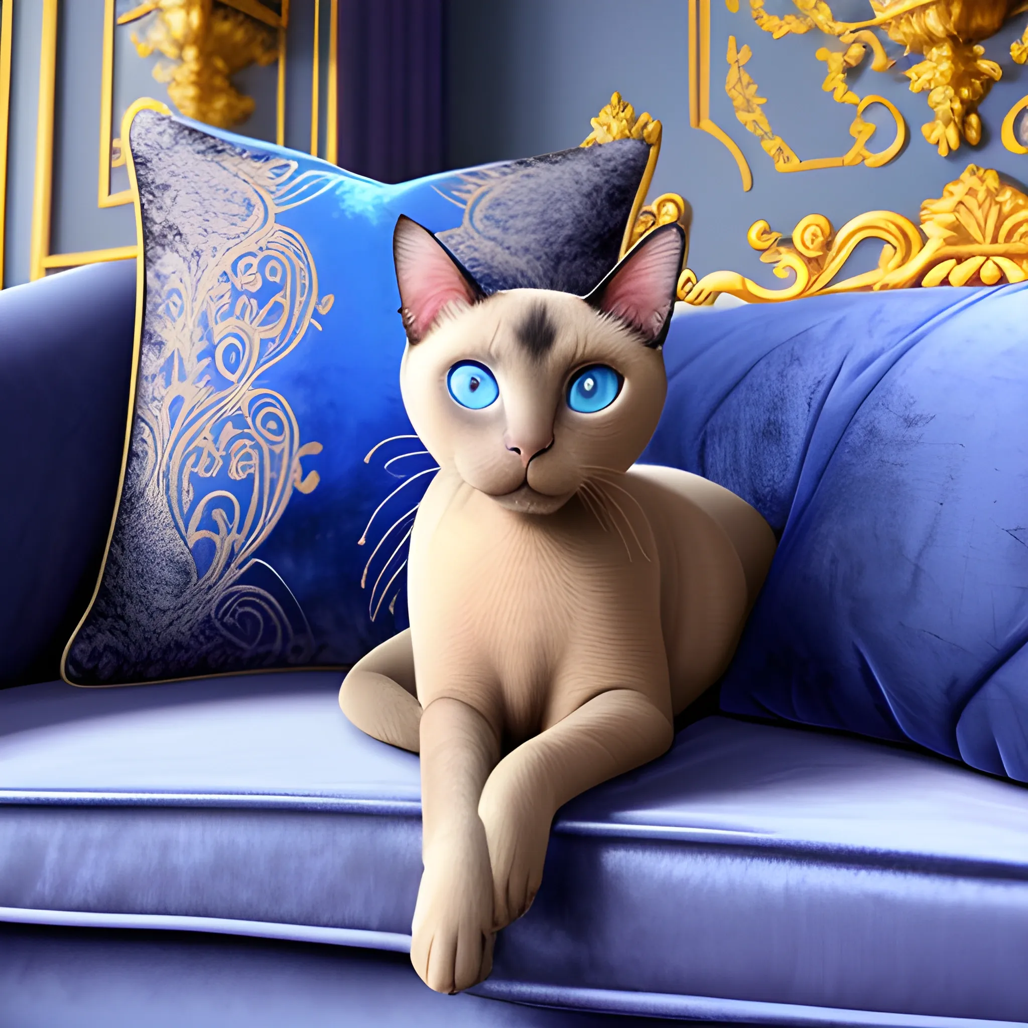 A majestic Siamese cat with piercing blue eyes, lounging on a velvet cushion in a regal palace. The intricate patterns on its fur are rendered in a realistic style, capturing every detail of its elegant features.