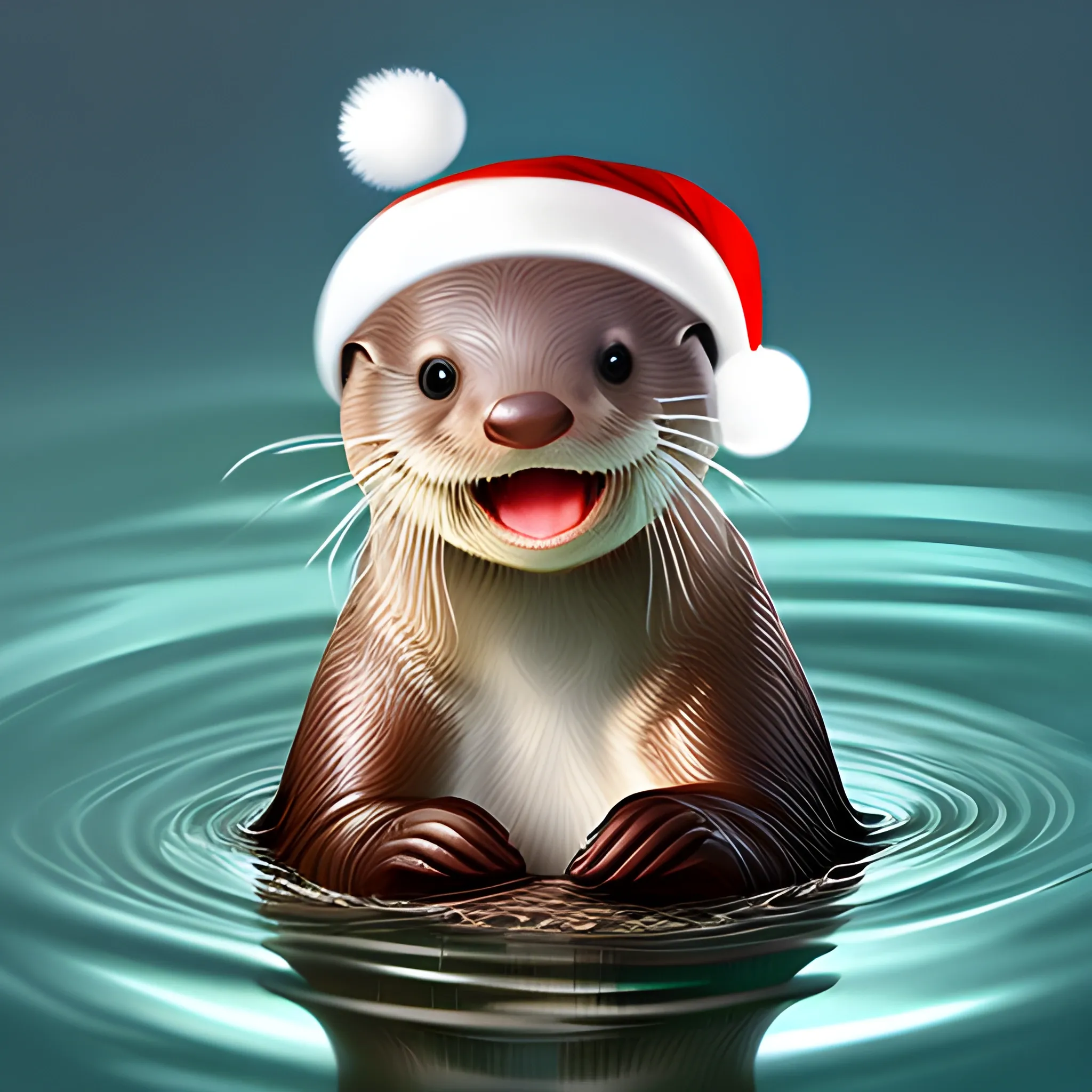 a cute otter in a christmas hat, hyper realistic 