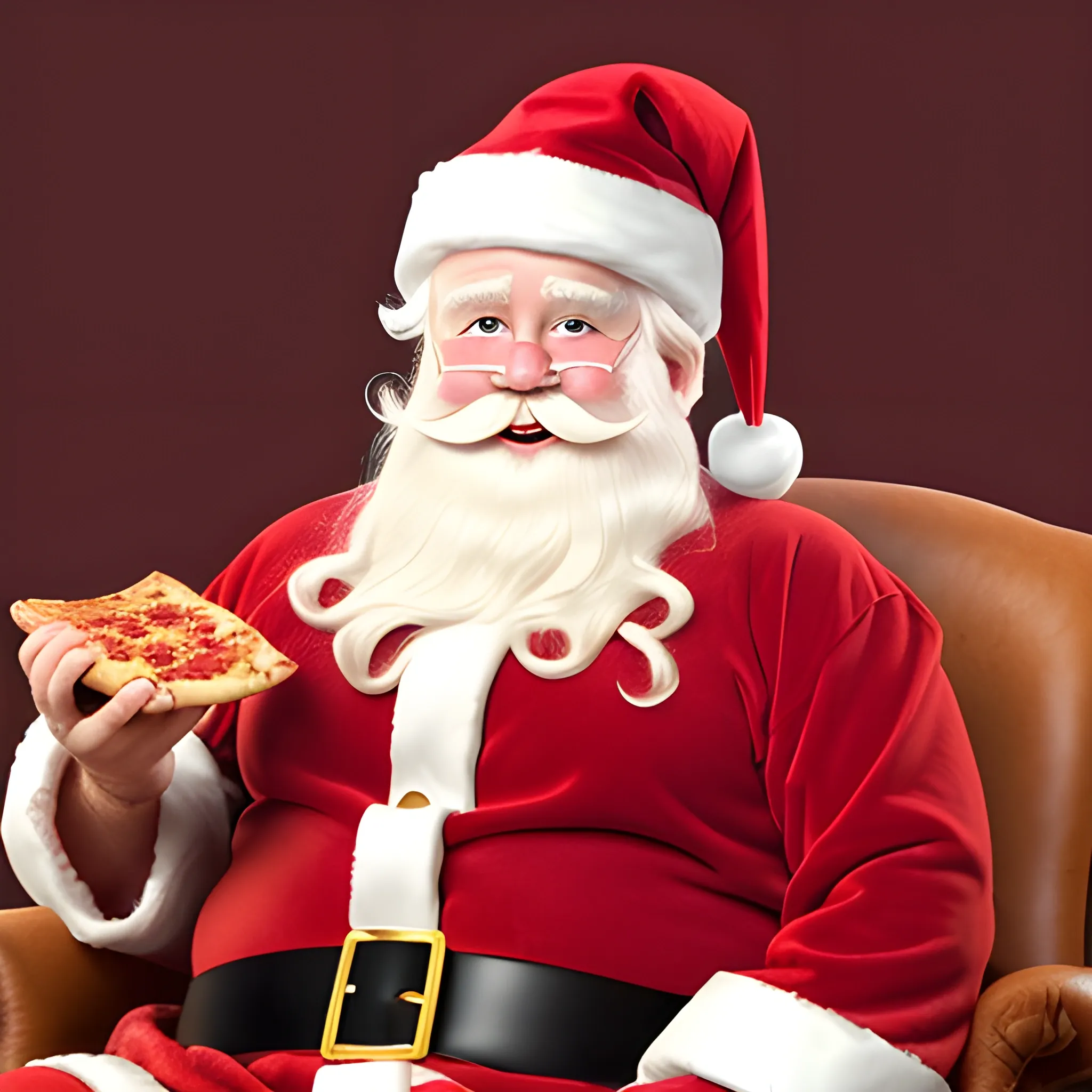 Santa Claus sitting with a piece of pizza in his  right 
hand