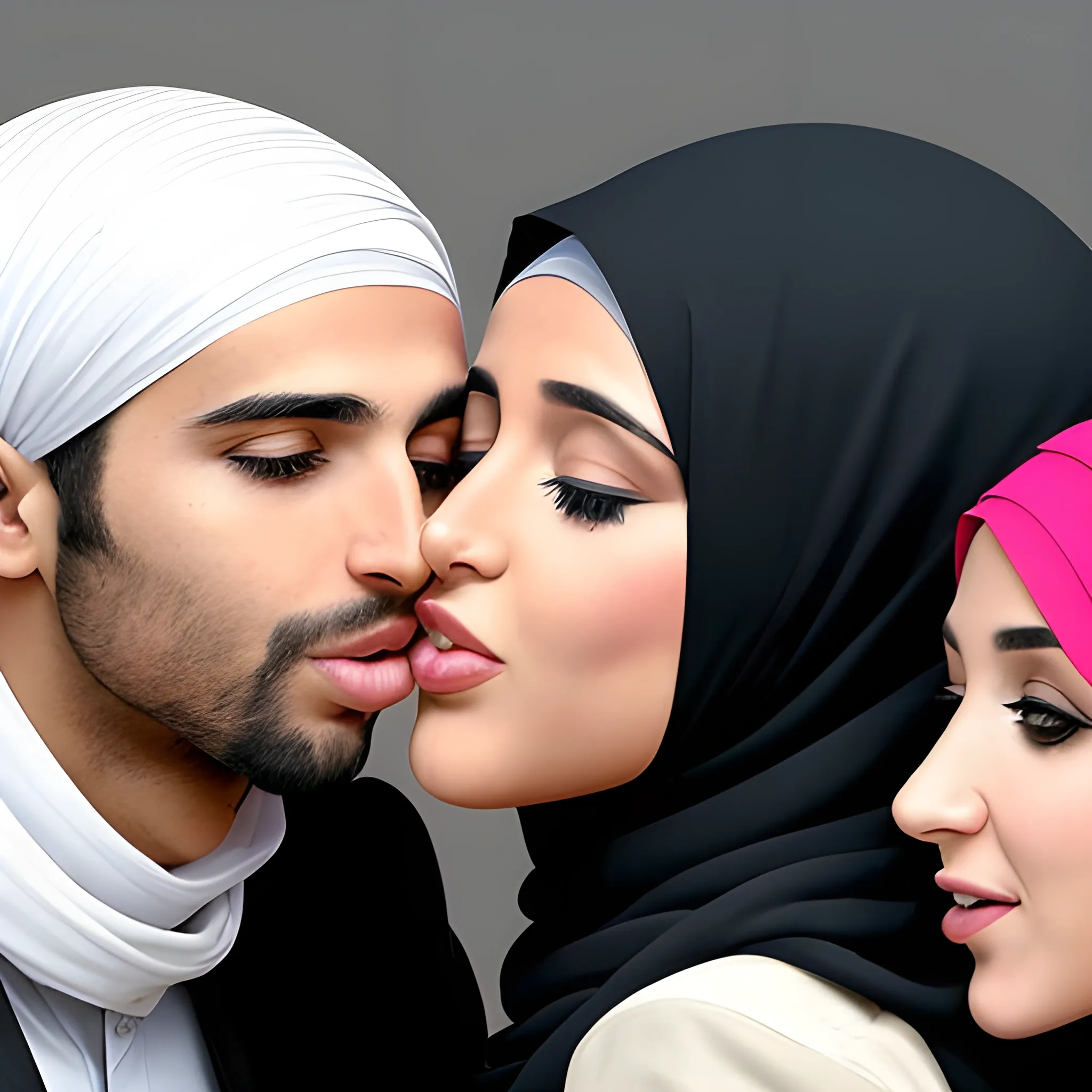 three men french kissing a hijabi woman - Arthub.ai