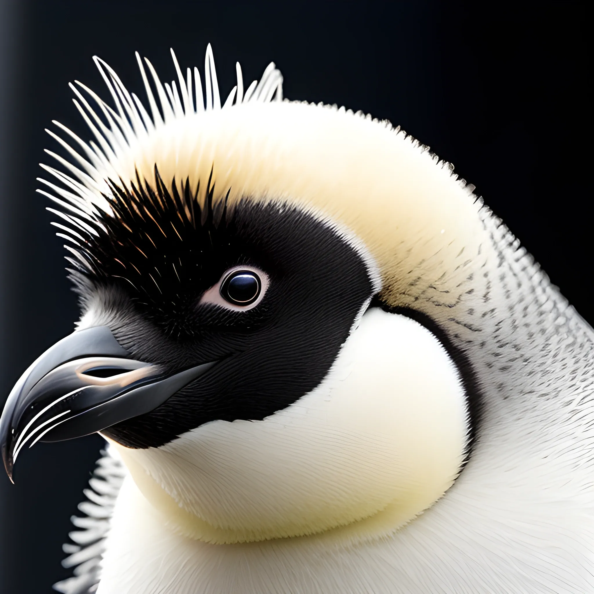 Photo, very young emperor penguin chick ,without yellowed down, with only black and silver fluffy feather,