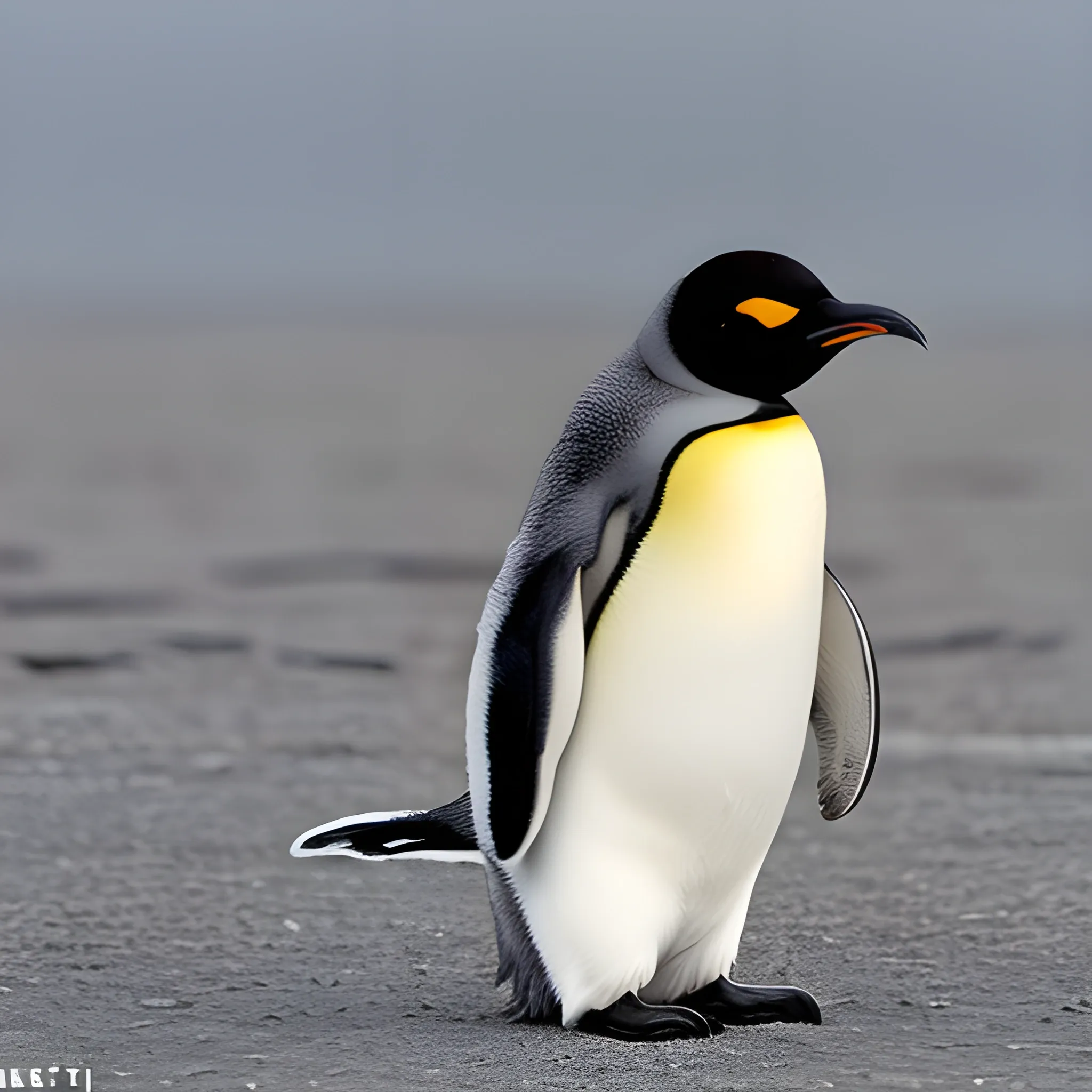 Photo, very young emperor penguin chick , whole body is covered with black and silver fluffy feathers except yellow,