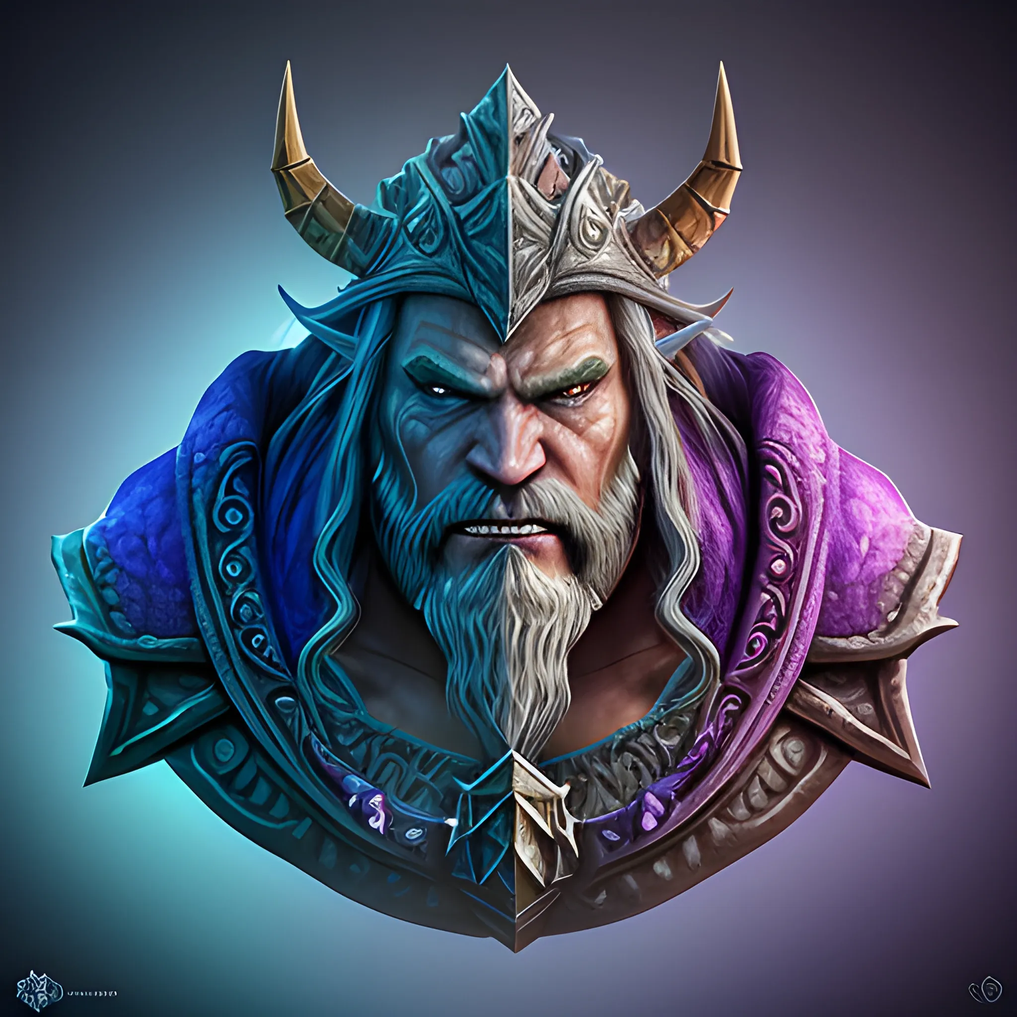 Create a logo for 'Warcraft Facts' that embodies the essence of Azeroth's Lith King. Incorporate iconic Warcraft elements, like the Alliance and Horde symbols, legendary weapons, and the feeling of adventure and discovery. The design should be visually captivating, ice orientated and evoke a sense of wonder and excitement. Use a color scheme that reflects the vibrant and mystical world of Warcraft. Ultra-realistic, ultra-detailed, 3D