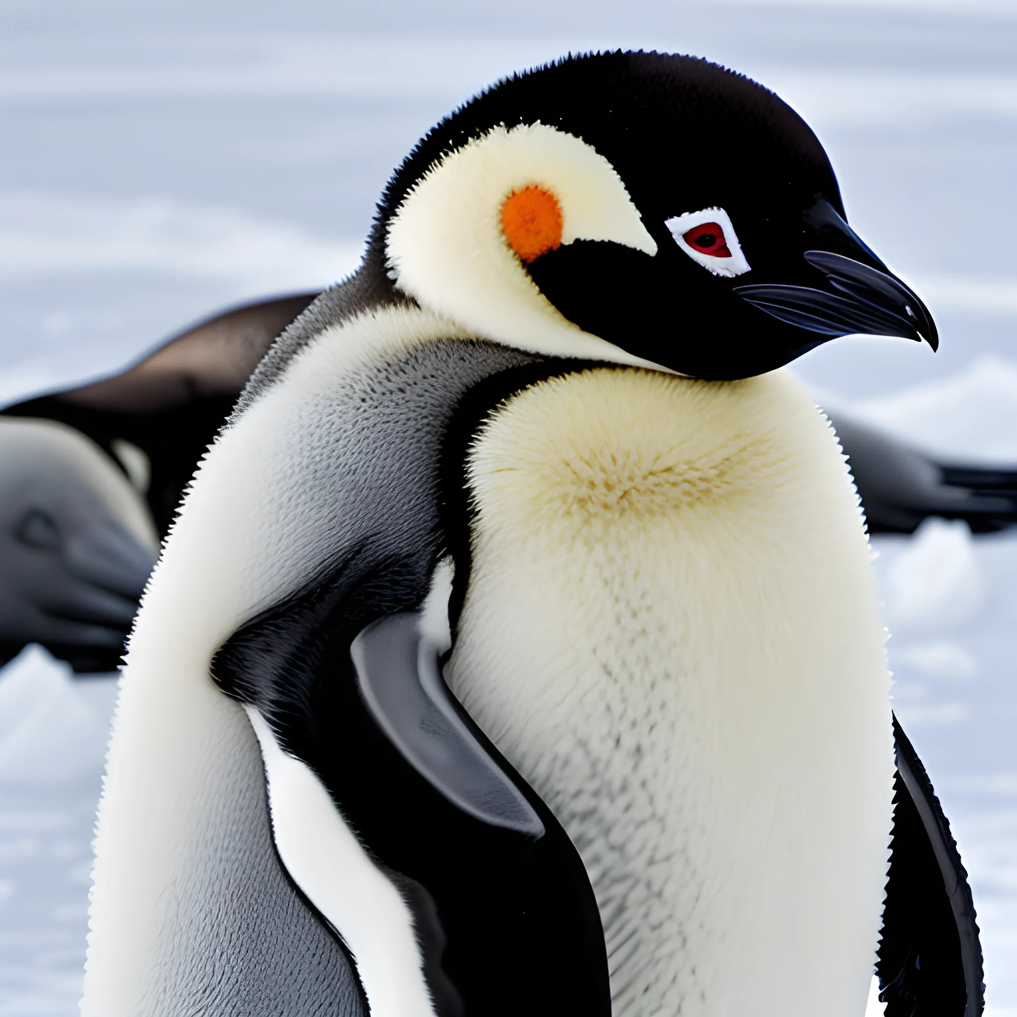 Photo, A newborn emperor penguin chick whose entire body is covered in fluffy black or silver feathers without yellow feathers.living in Antarctic