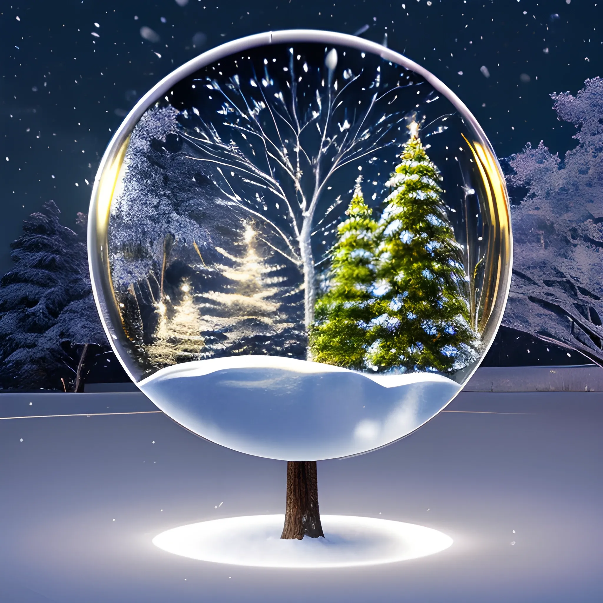 a snowy landscape, in the foreground a tree with fireflies like Christmas lights, all inside a glass sphere