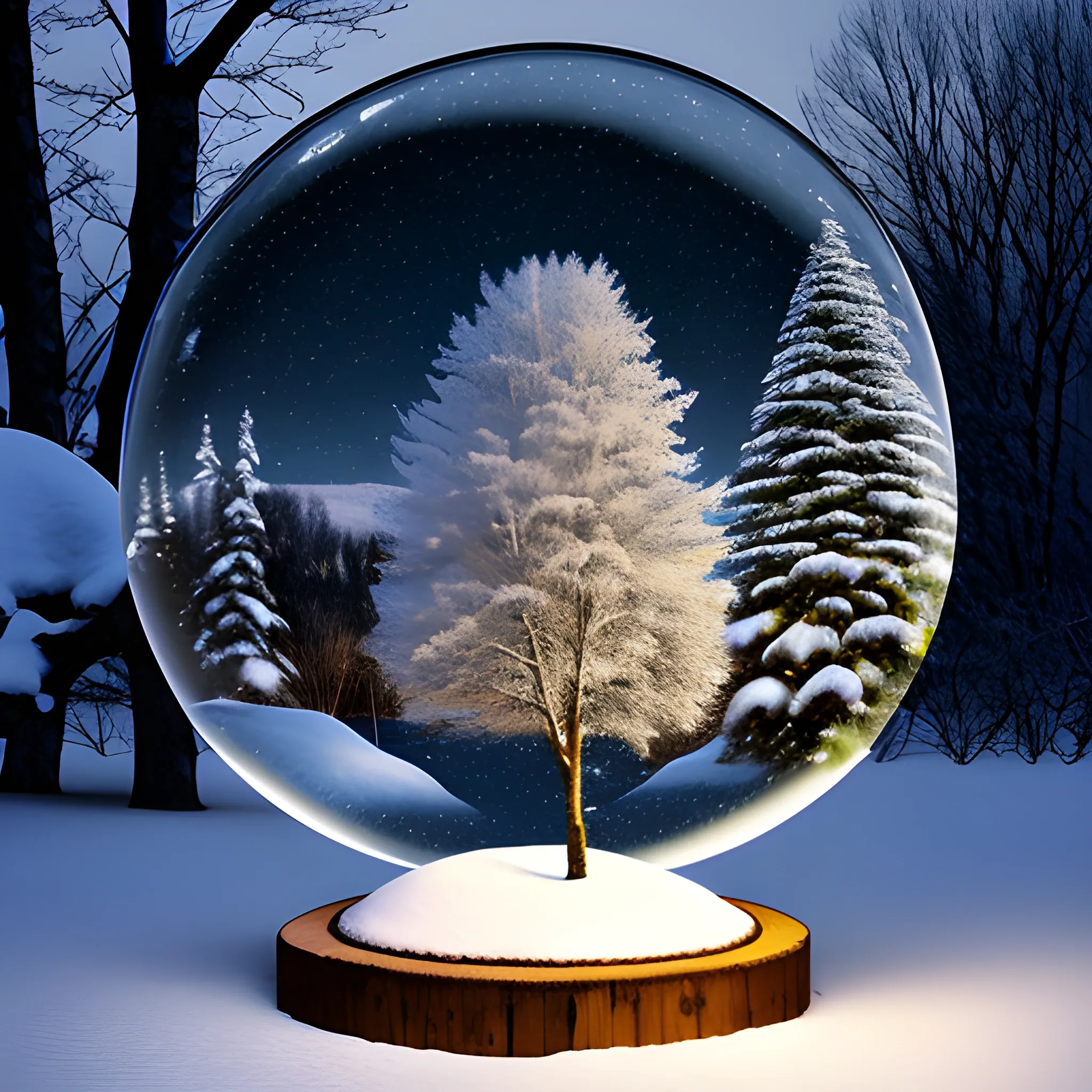 a snowy landscape, in the foreground a tree with fireflies like Christmas lights, all inside a glass sphere