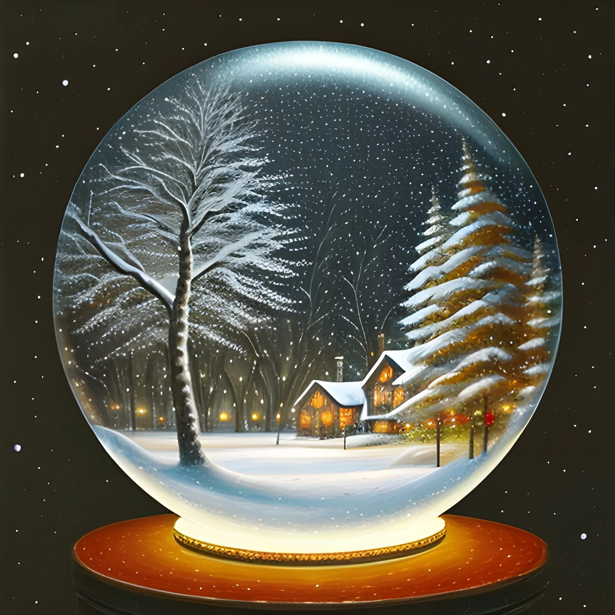 a snowy landscape, in the foreground a tree with fireflies like Christmas lights, all inside a glass sphere, Oil Painting