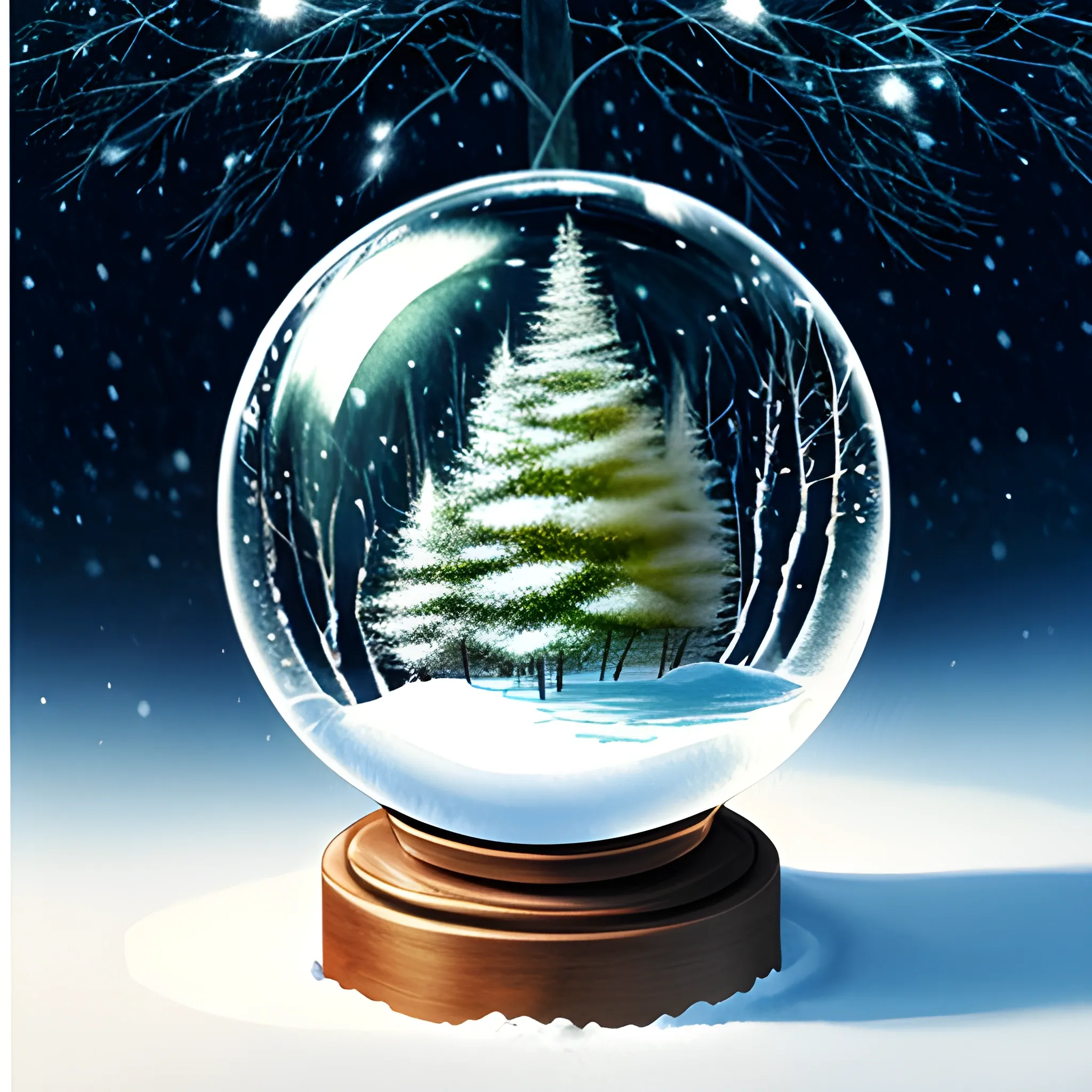 a snowy landscape, in the foreground a tree with fireflies like Christmas lights, all inside a glass sphere,, Water Color