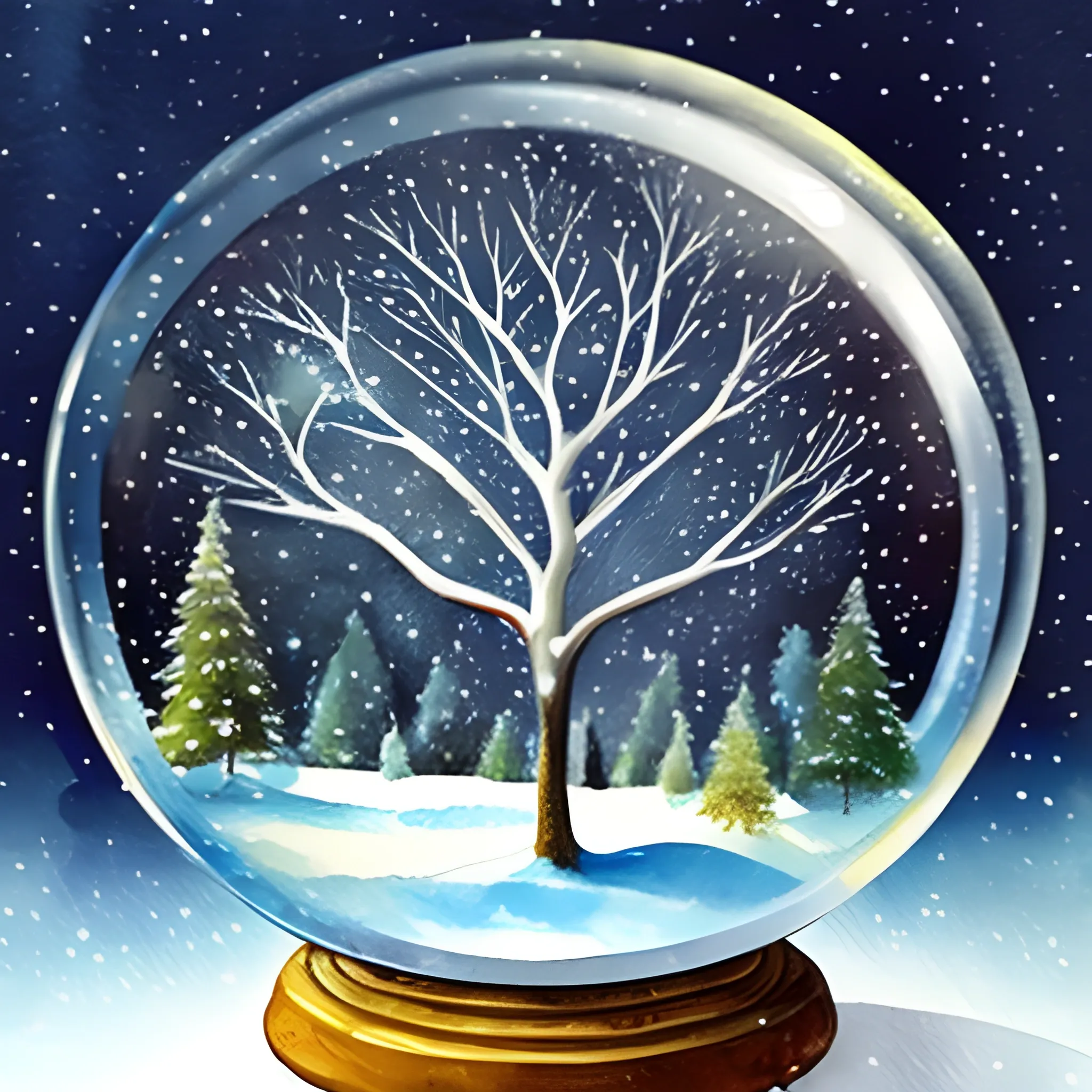 a snowy landscape, in the foreground a tree with fireflies like Christmas lights, all inside a glass sphere,, Water Color