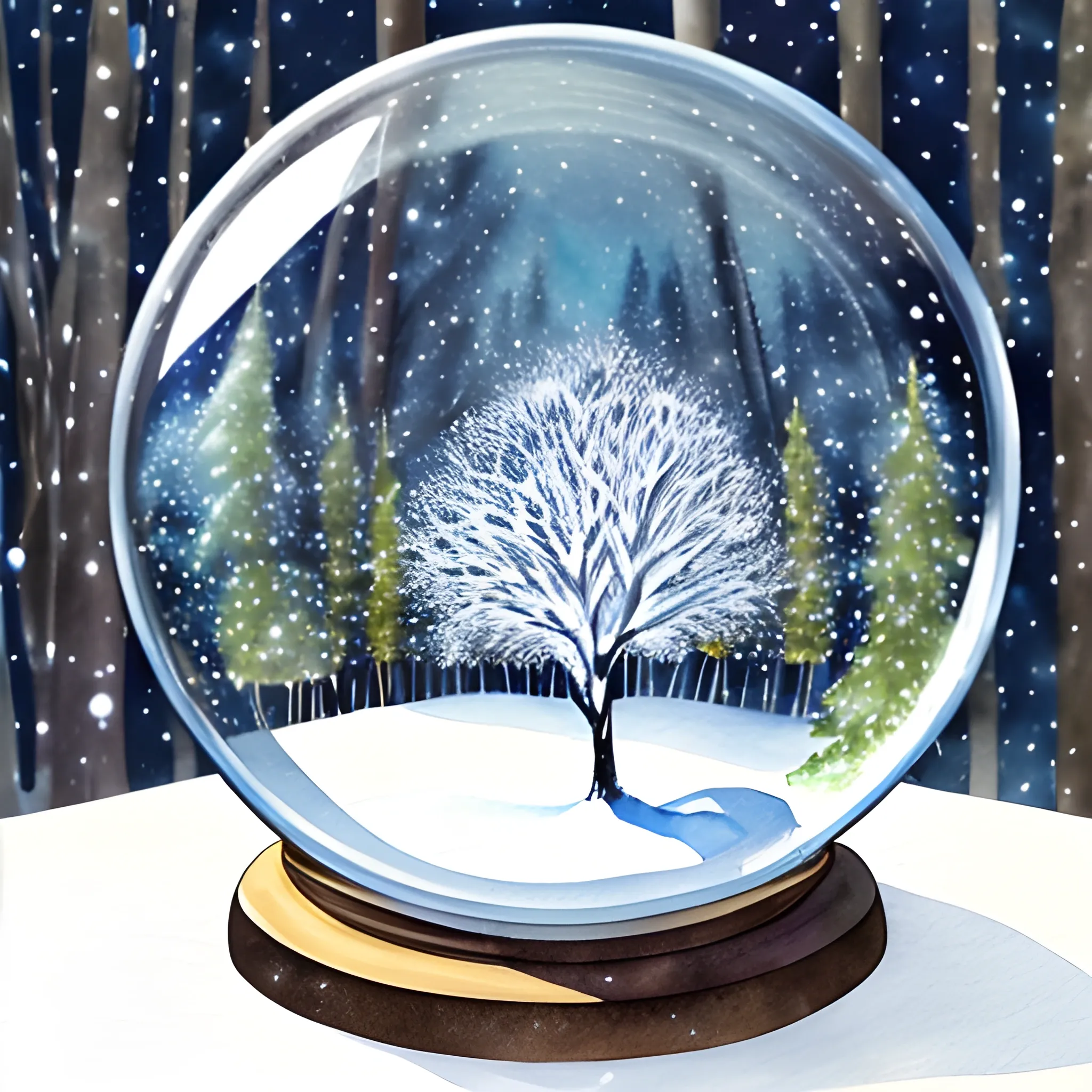 a snowy landscape, in the foreground a tree with fireflies like Christmas lights, all inside a glass sphere,, Water Color