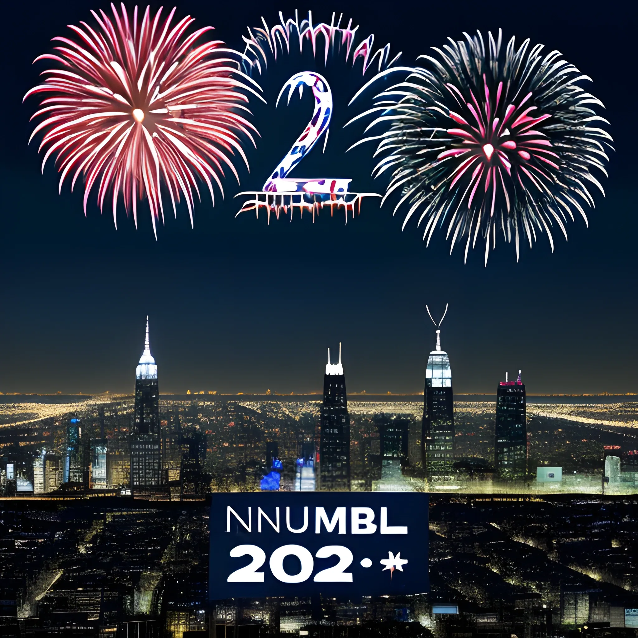 the number 2024 made by fireworks, with a city at night in the background