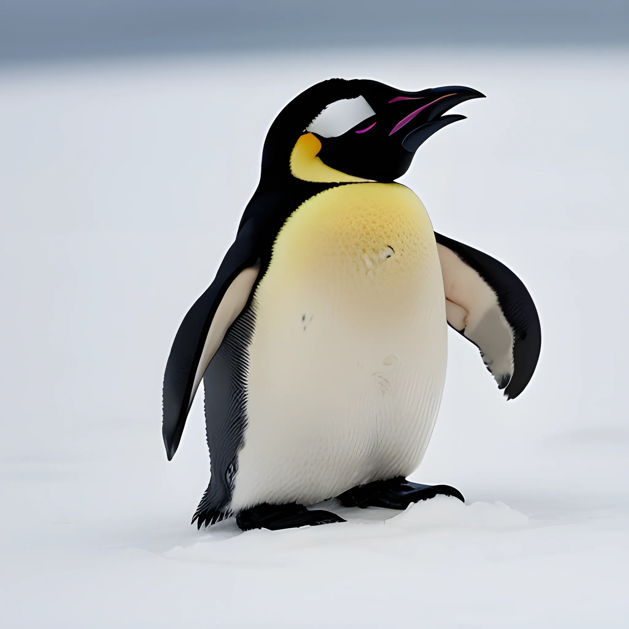 Photo, A newborn emperor penguin chick whose entire body is covered in fluffy black or silver feathers without any orange or yellow. The head, eyes, and beak are black; everything else is silver. The stomach and back are silvery and fluffy. The beak is short. It does not have a yellow one point.