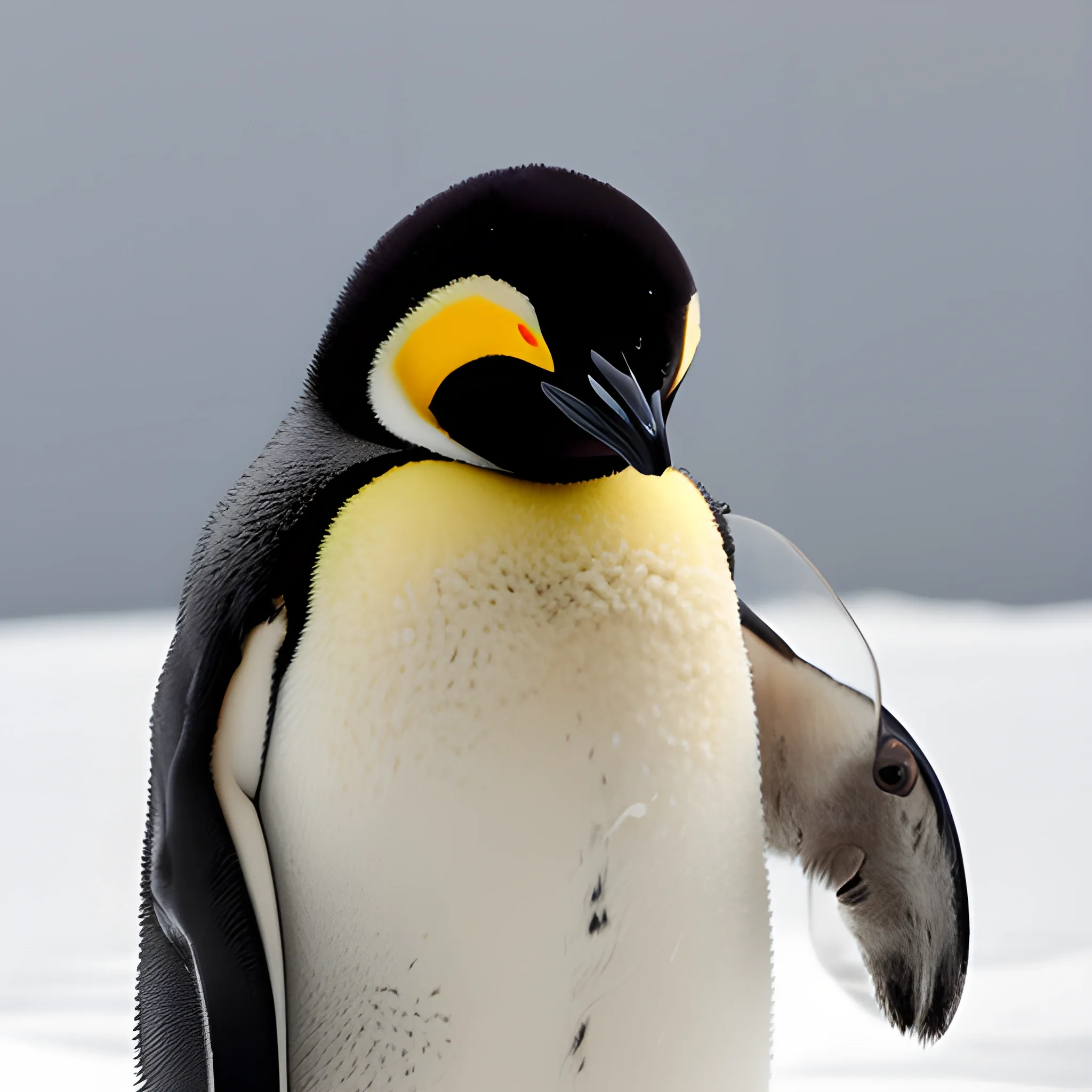 Photo, A newborn emperor penguin chick whose entire body is covered in fluffy black or silver feathers without any orange or yellow. Only the head, eyes, and beak are black, and the stomach and back are covered in fluffy silver feathers. The beak is short. It does not have a yellow one point.