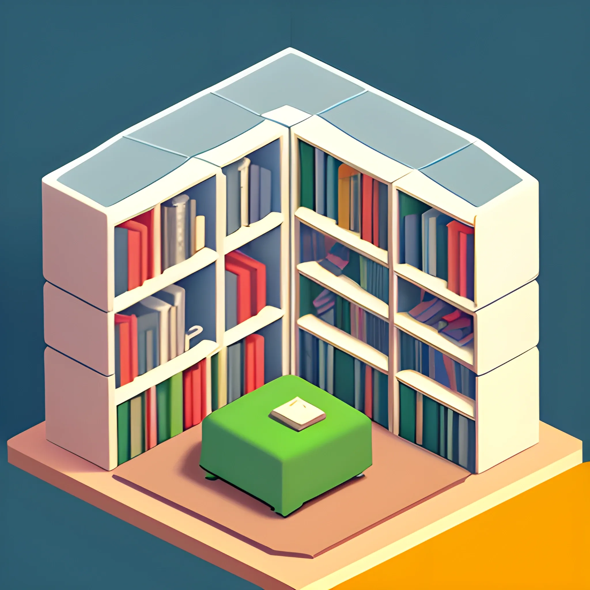 cube cutout of an isometric artist bedroom with a big floffy cat, bookshelves, desk, 3d art, 3D