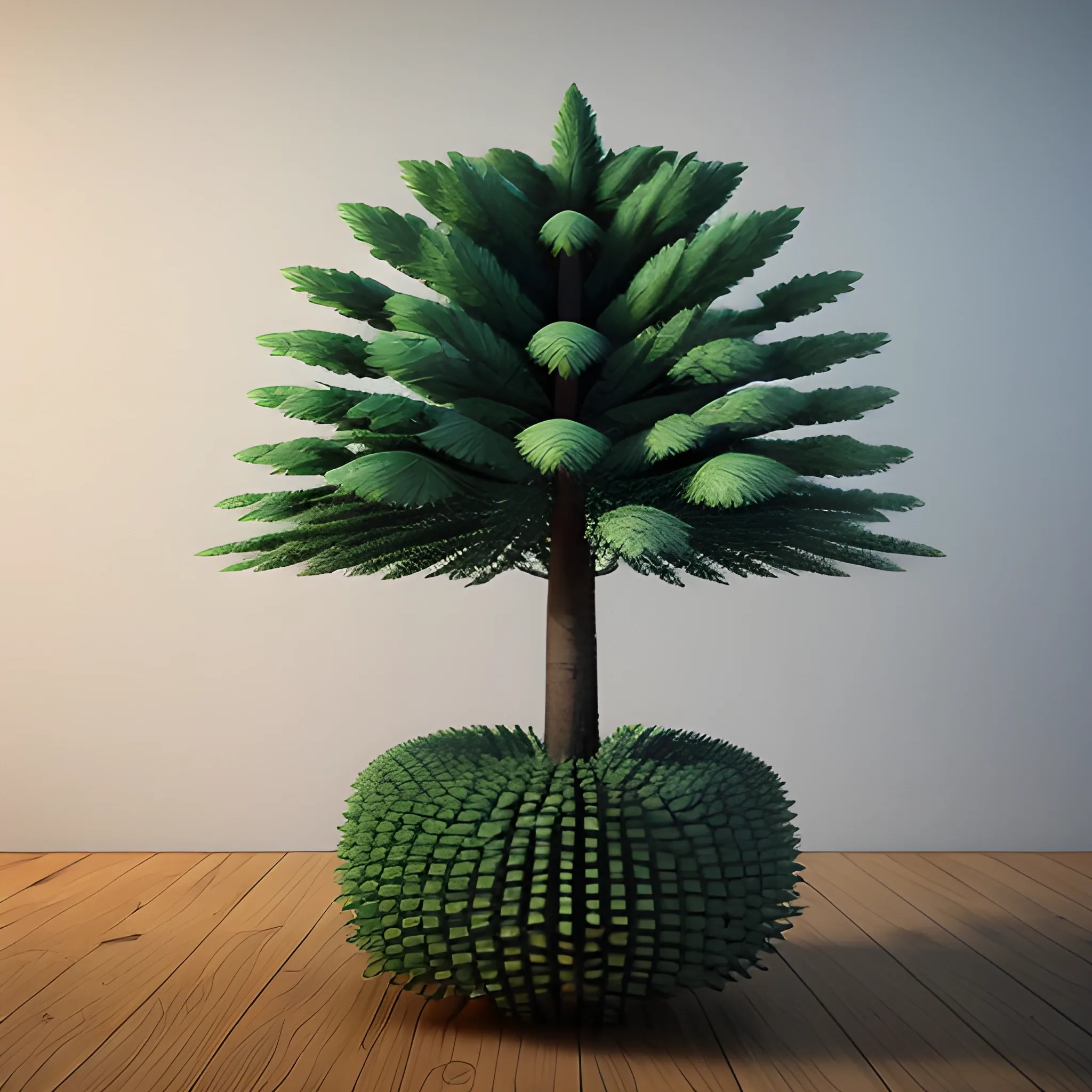 a 3d render of araucaria, 3d art, 3D, araucaria chilena, araucaria, astillas en el piso del arbol, 8k, cinematic scene