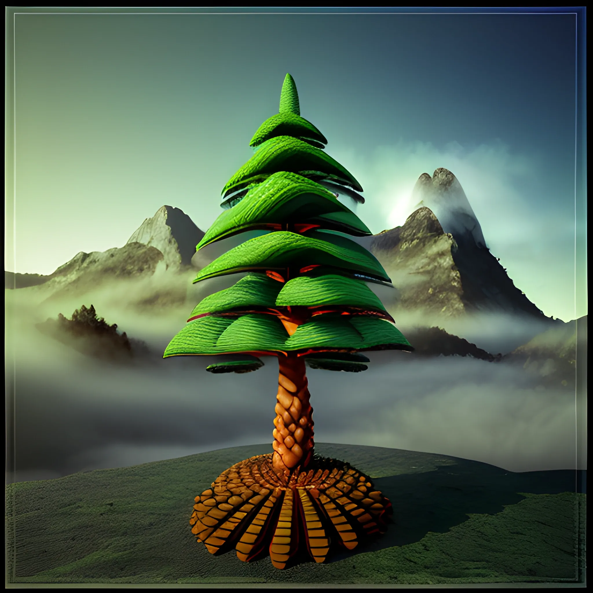 a 3d render of araucaria, 3d art, 3D, araucaria ,8k, mountain and fog in the background, soft light, 35mm lens, digital art