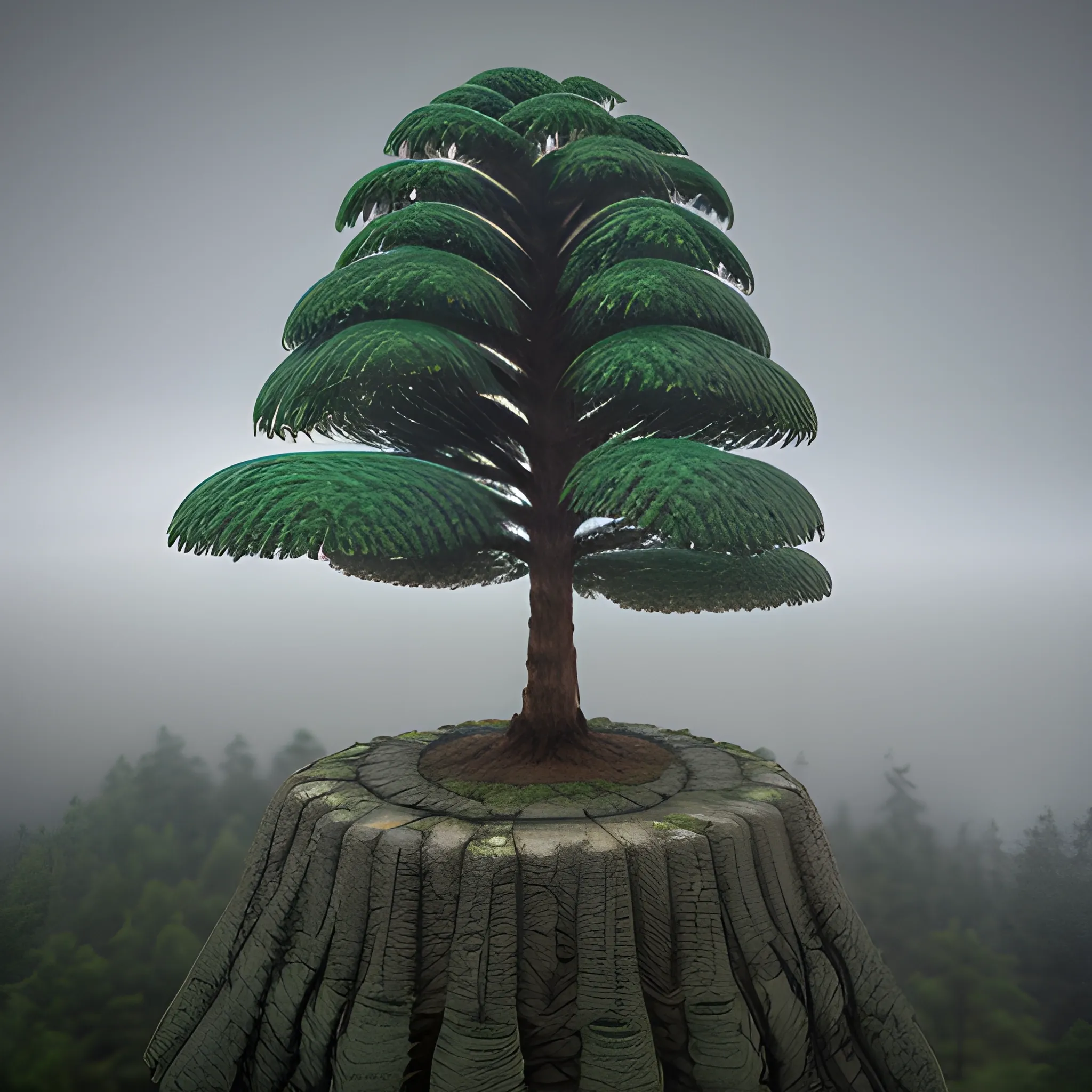 a 3d render of araucaria, 3d art, 3D, araucaria ,8k, mountain and fog in the background, soft light, 35mm lens, digital art, mist on the tree