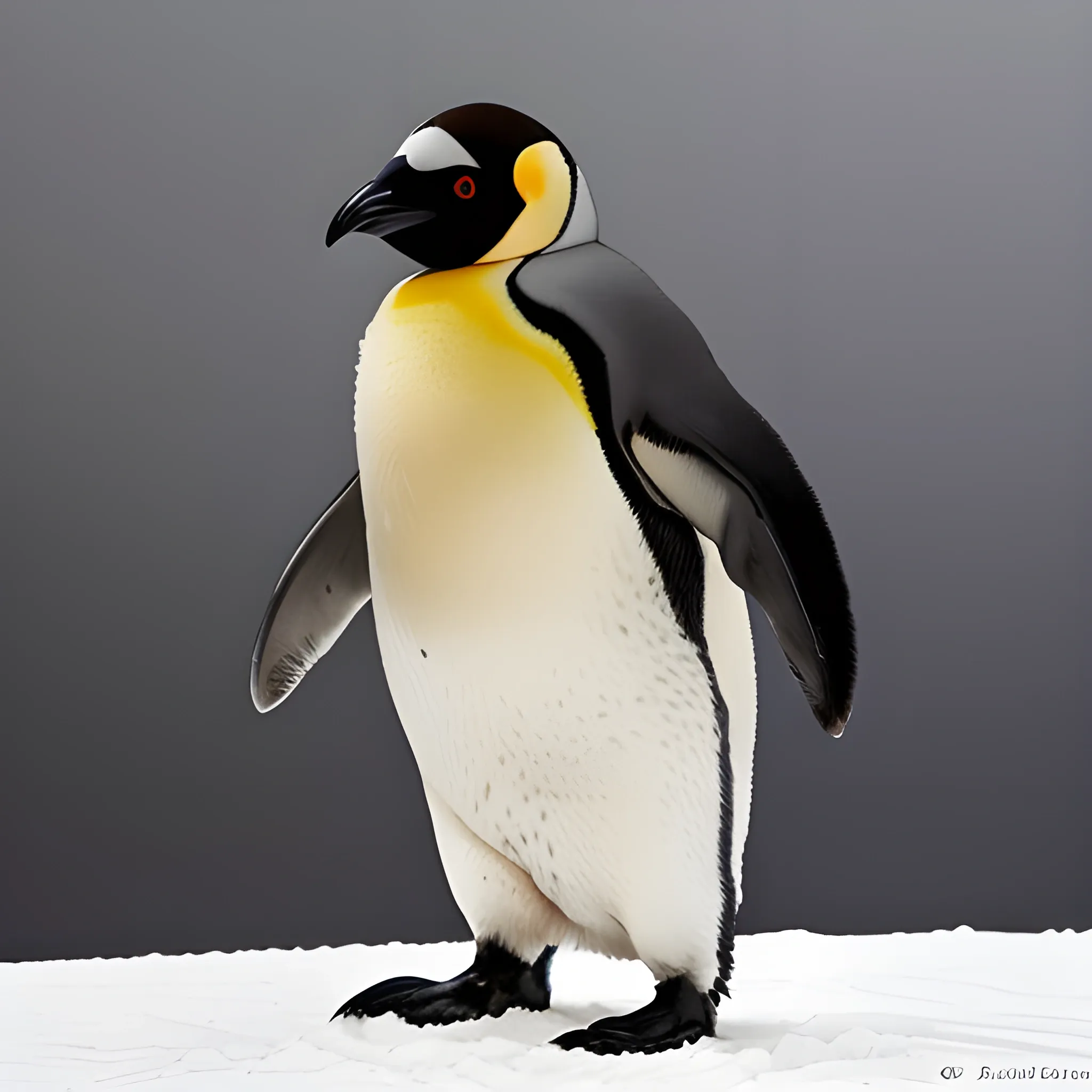 Photo, A newborn emperor penguin chick. It has a round body covered in fluffy feathers. The belly, back, and other parts of the body are covered in fluffy silver feathers, and only the feathers on the head, eyes, and beak are black. The beak is short. It does not have a yellow one point.