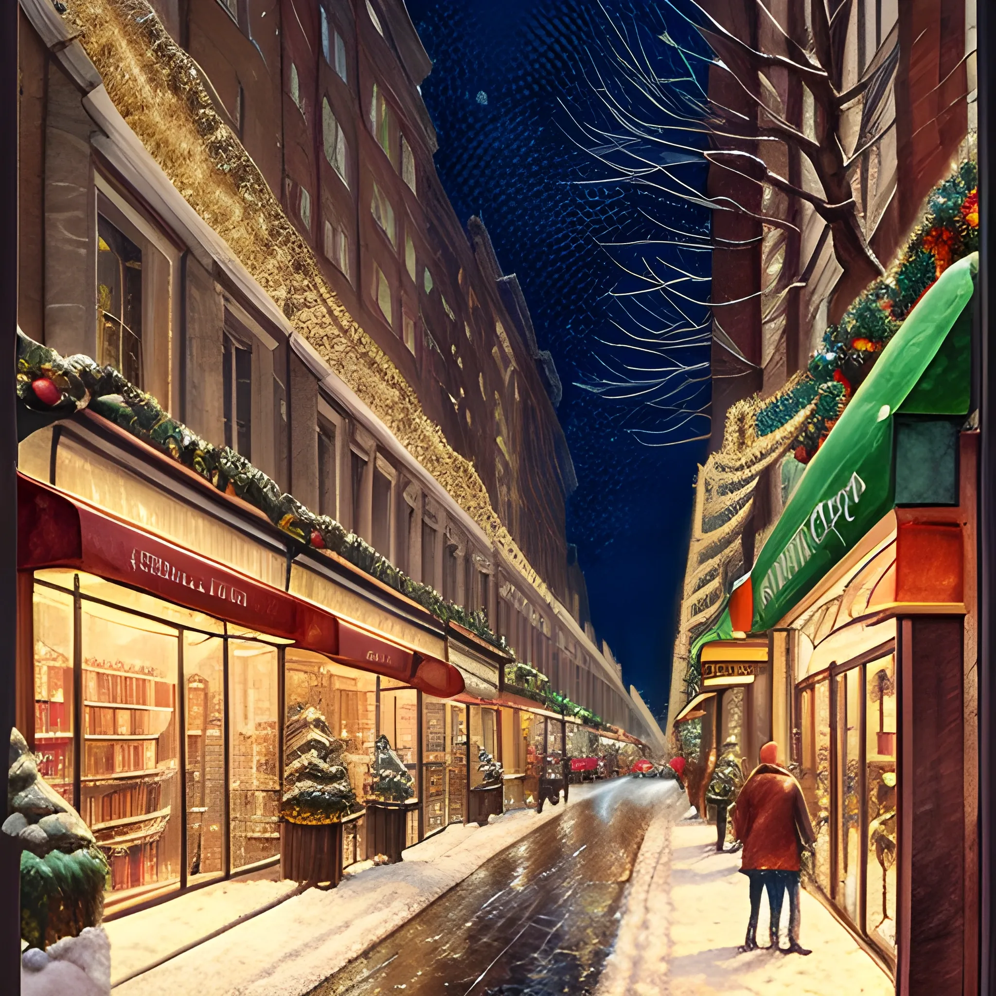 book cover, avenue with different stores, with Christmas decorations, illuminated at night, warm atmosphere, warm tones, Water Color