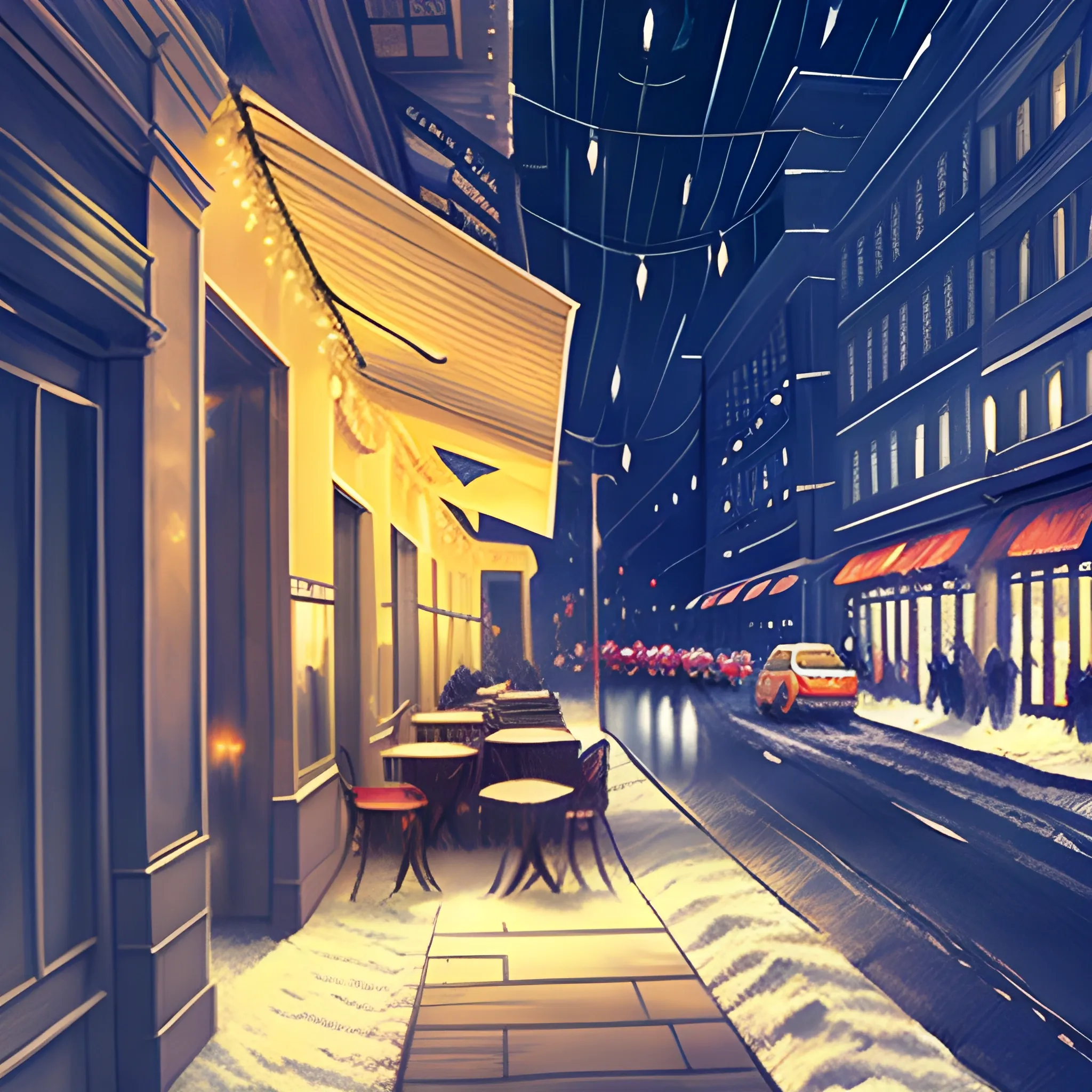 book cover, avenue with different stores, with Christmas decorations, illuminated at night, warm atmosphere, warm tones, Water Color