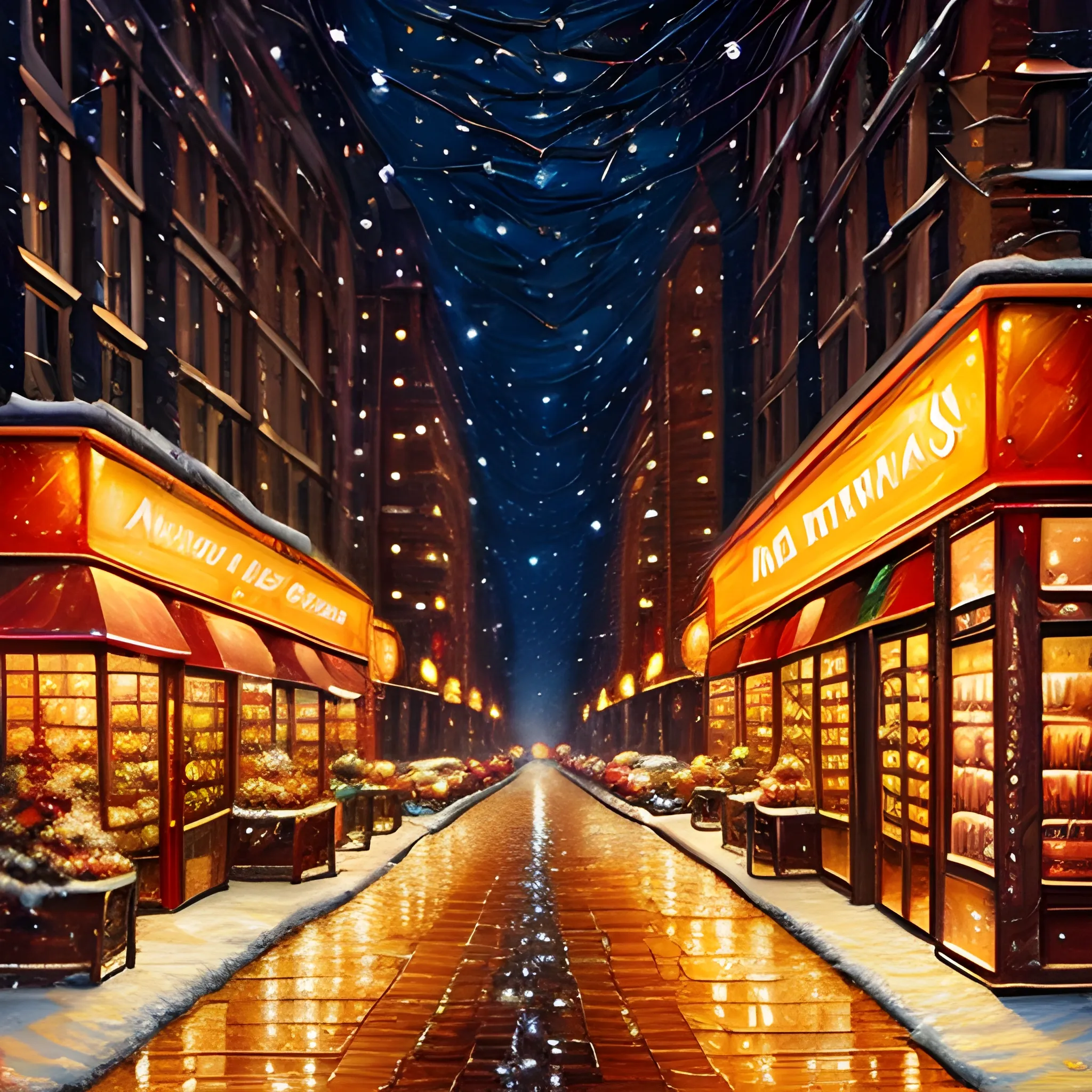 book cover, avenue with different stores, with Christmas decorations, illuminated at night, warm atmosphere, warm tones, Oil Painting