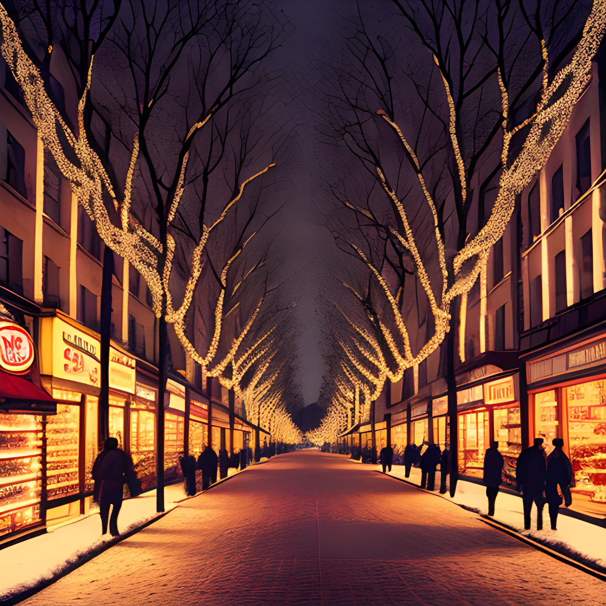 avenue with different stores, with Christmas decorations, illuminated at night, warm atmosphere, warm tones, Cartoon