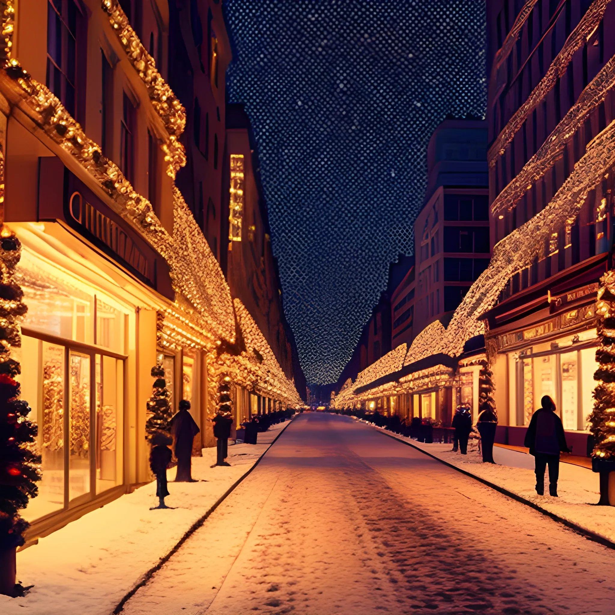 avenue with different stores, with Christmas decorations, illuminated at night, warm atmosphere, warm tones, Cartoon