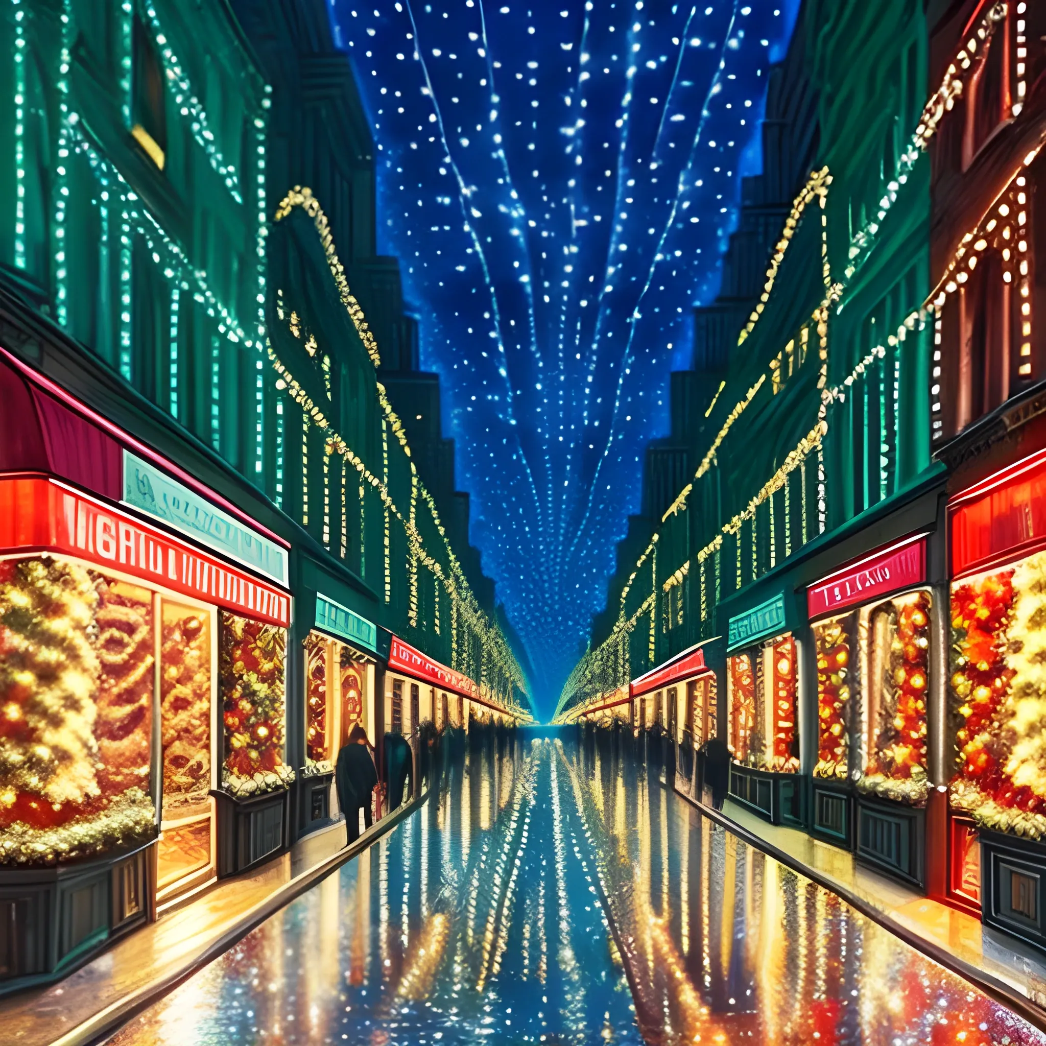 avenue with different stores, with Christmas decorations, illuminated at night, warm atmosphere, warm tones, Trippy, Water Color