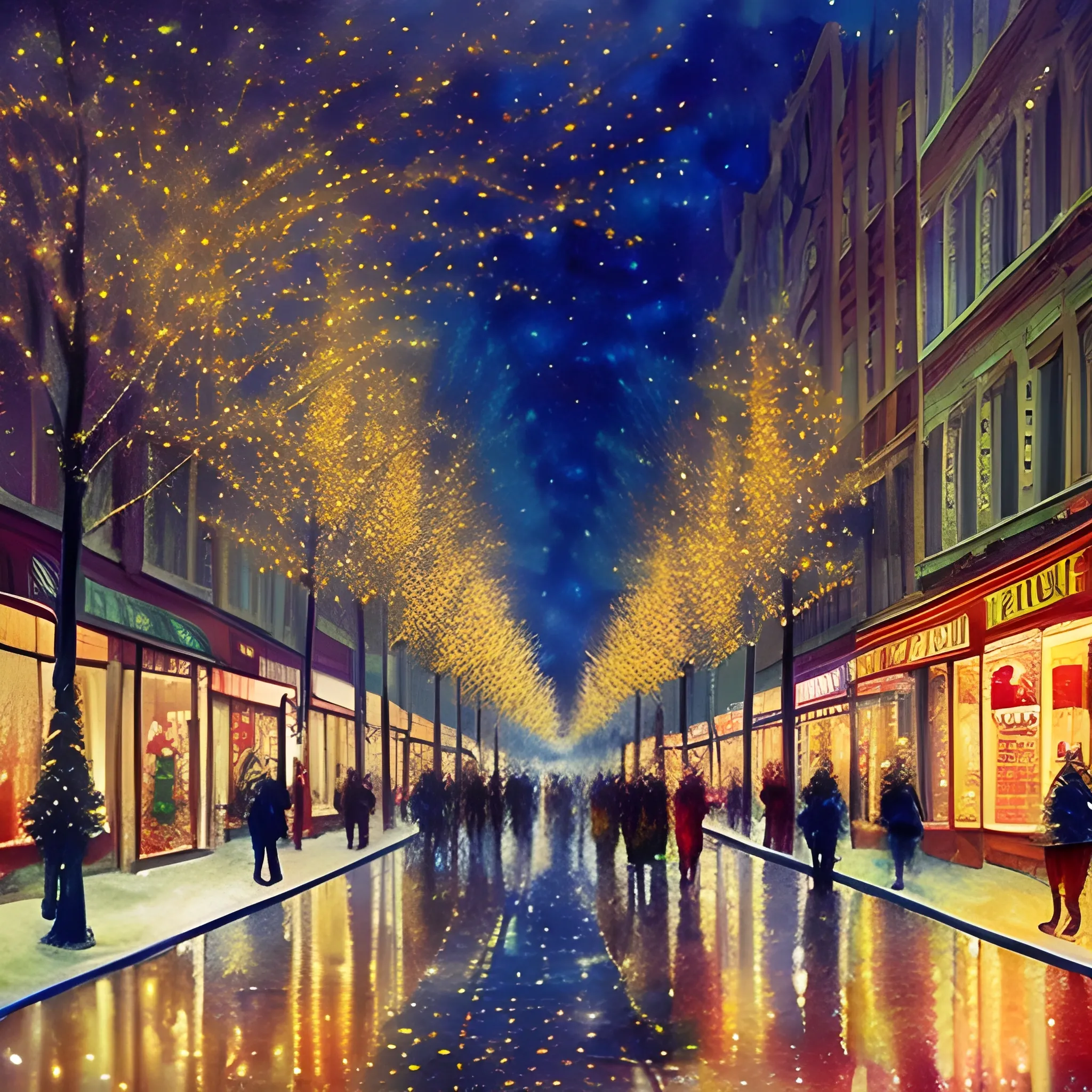 avenue with different stores, with Christmas decorations, illuminated at night, warm atmosphere, warm tones, Trippy, Water Color