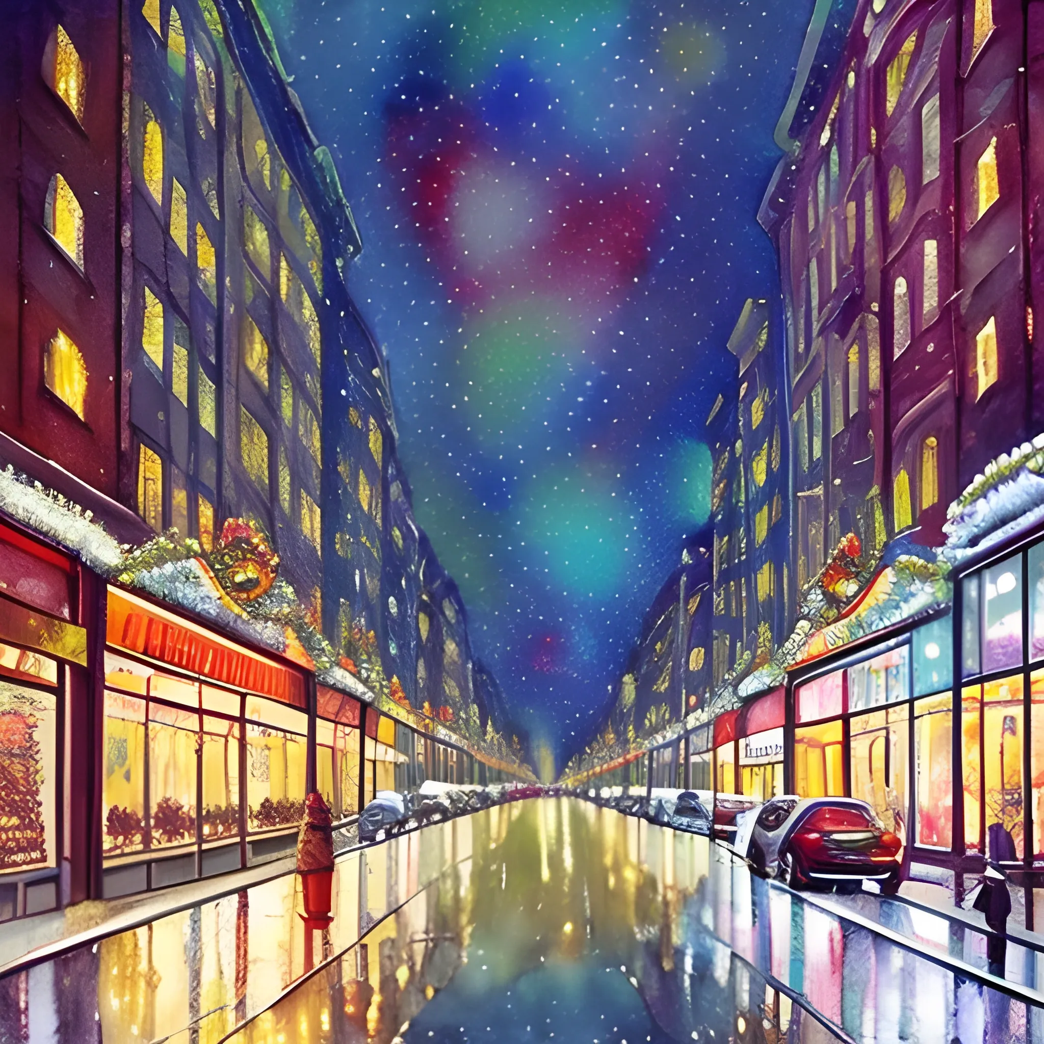 avenue with different stores, with Christmas decorations, illuminated at night, warm atmosphere, warm tones, Trippy, Water Color