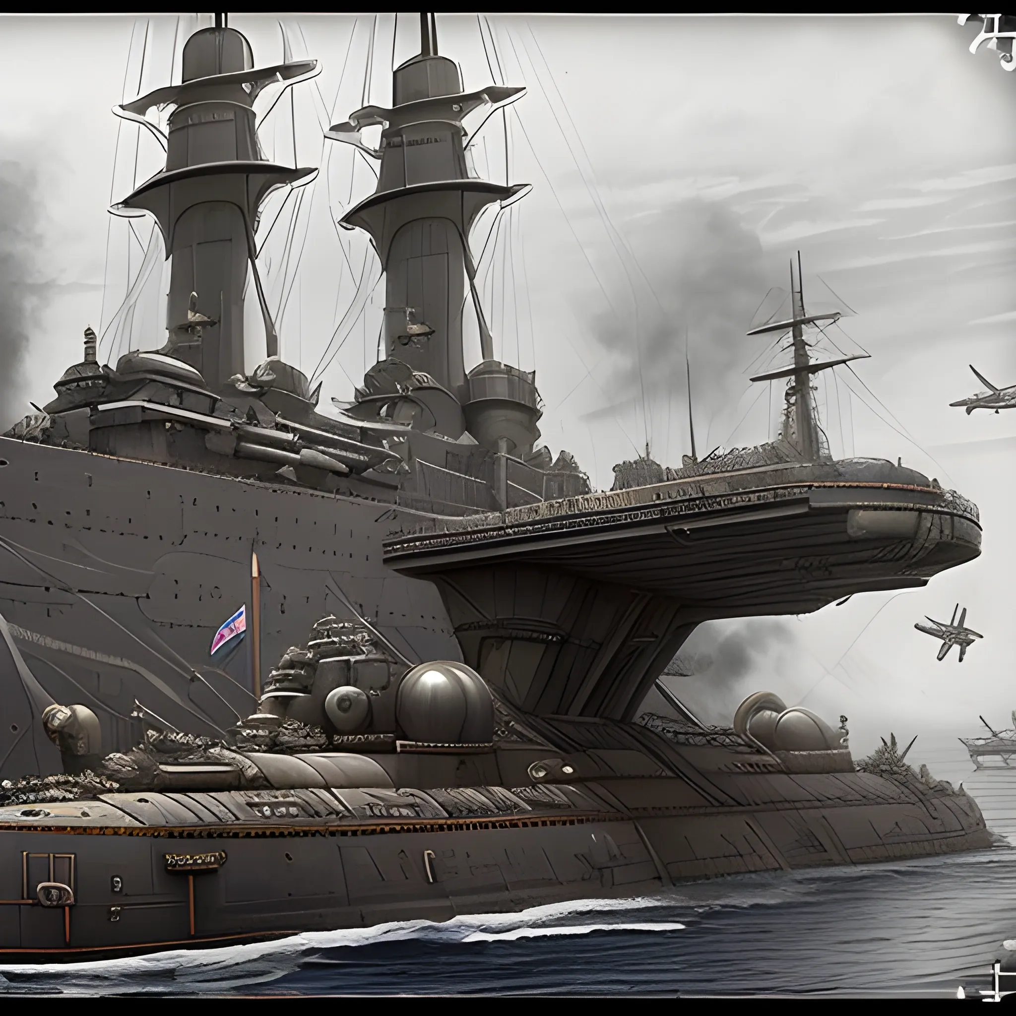 dieselpunk, collosal airship, in port, gun turrets, multiple gun platforms, brass hull, crewmen, turrets, steam stacks, crew on deck, deck view, biplanes guarding ship, people, crew, in combat, pov deck, naval combat, broadside, Pencil Sketch