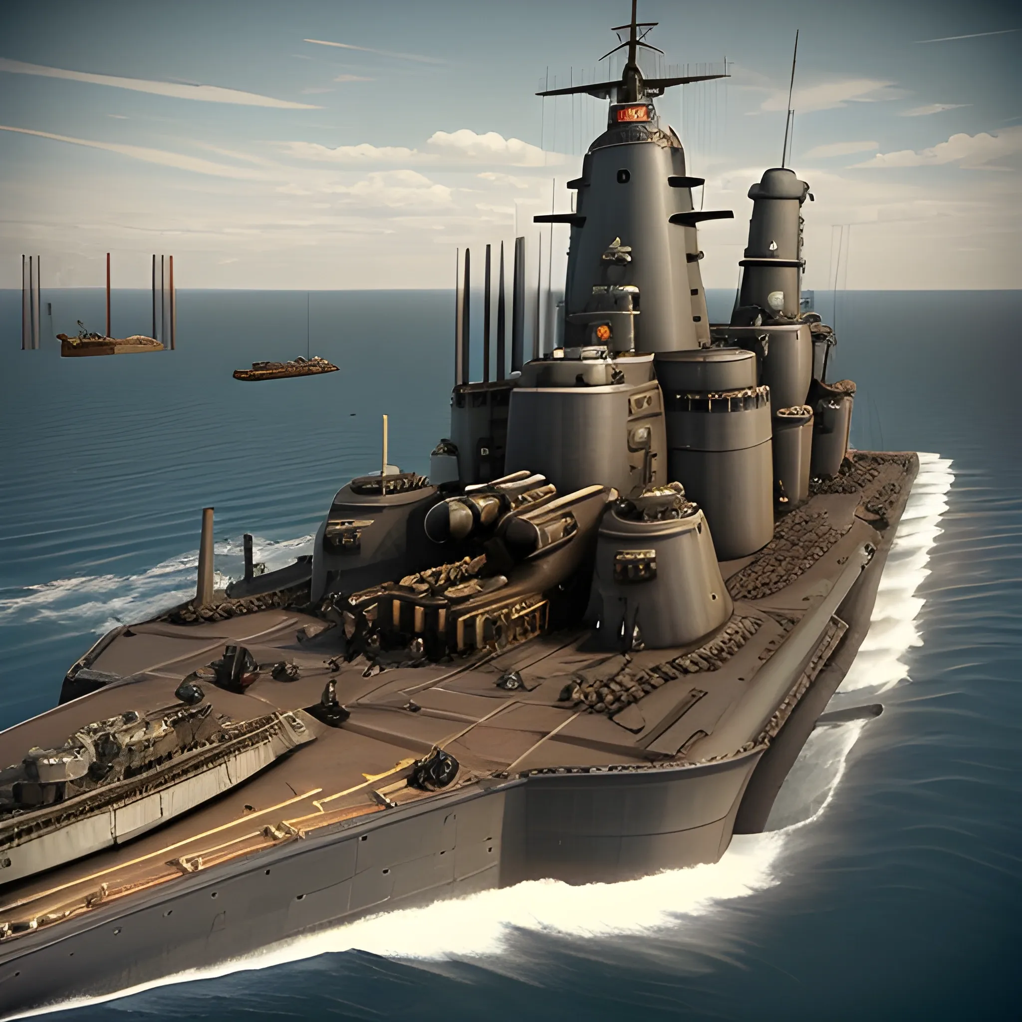 dieselpunk, collosal battleship, in port, gun turrets, multiple guns, brass hull, crewmen, turrets, steam stacks, crew on deck, battleship, battleship turrets, deck view, biplanes guarding ship, people, crew, 3D