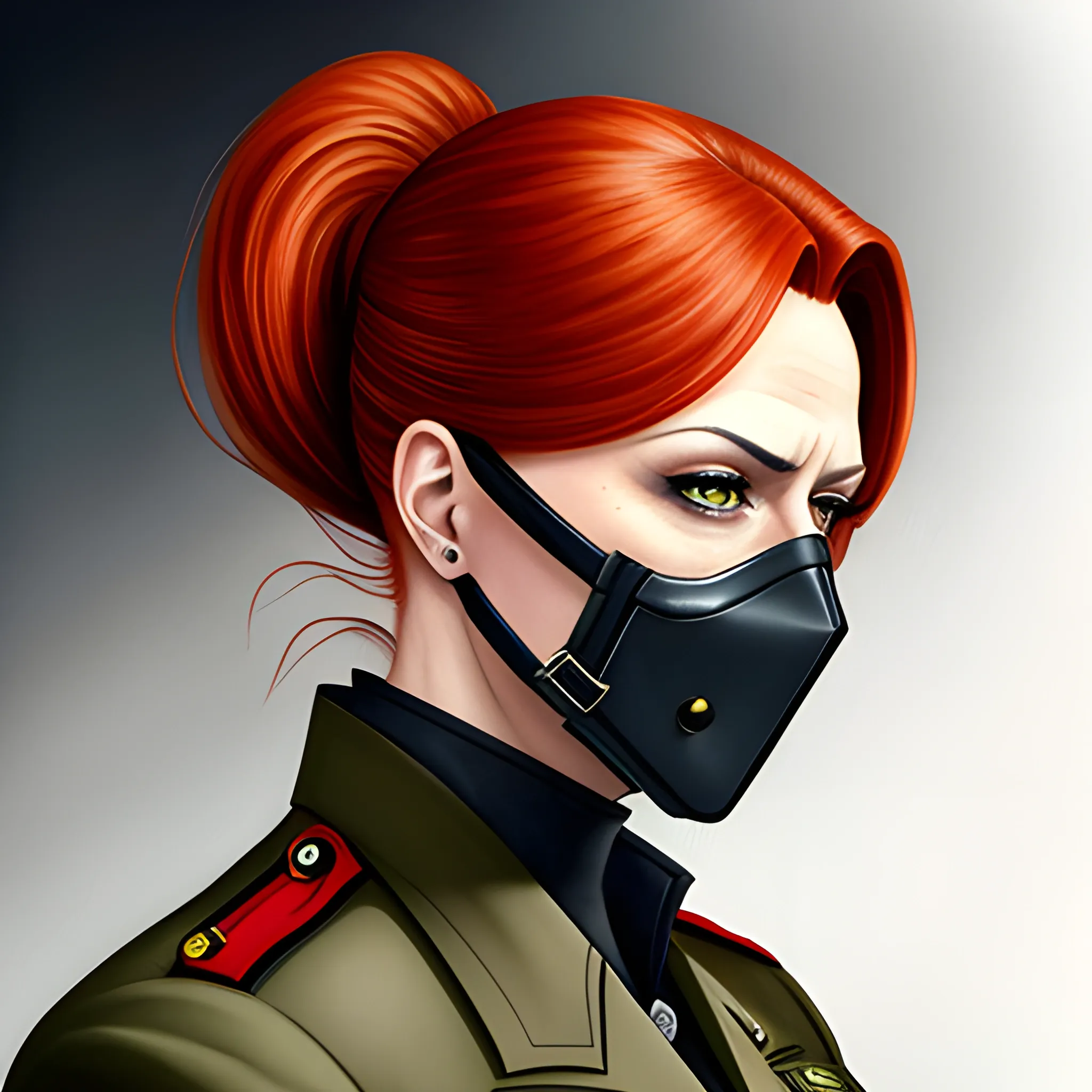 realistic portrait of a innocent young teen girl, redhead pony tail, german militar uniform, bandana covering the mouth, rifle on the back, young face, Water Color, pixiv, digital painting