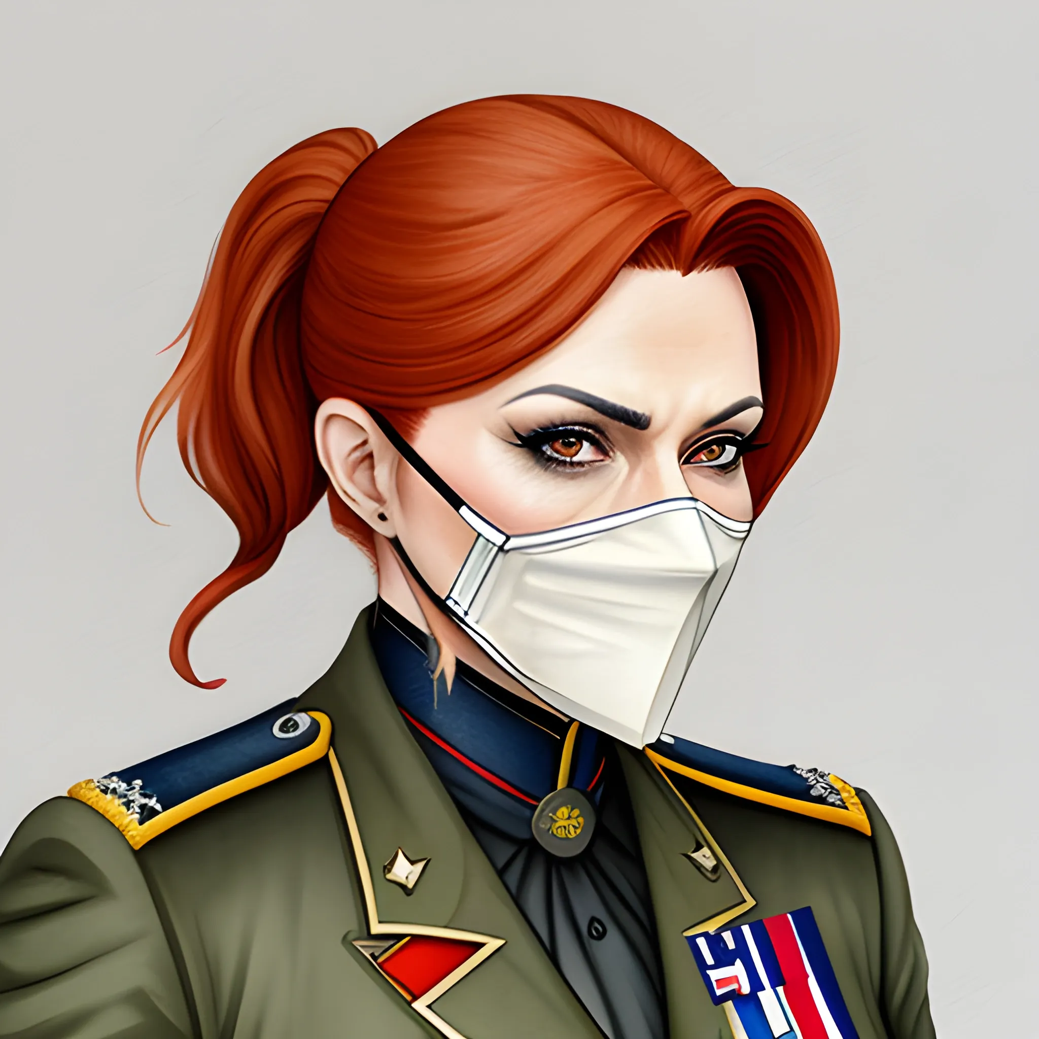 realistic portrait of a innocent young teen girl, redhead pony tail, french militar uniform, bandana covering the mouth, rifle on the back, young face, Water Color, pixiv, digital painting