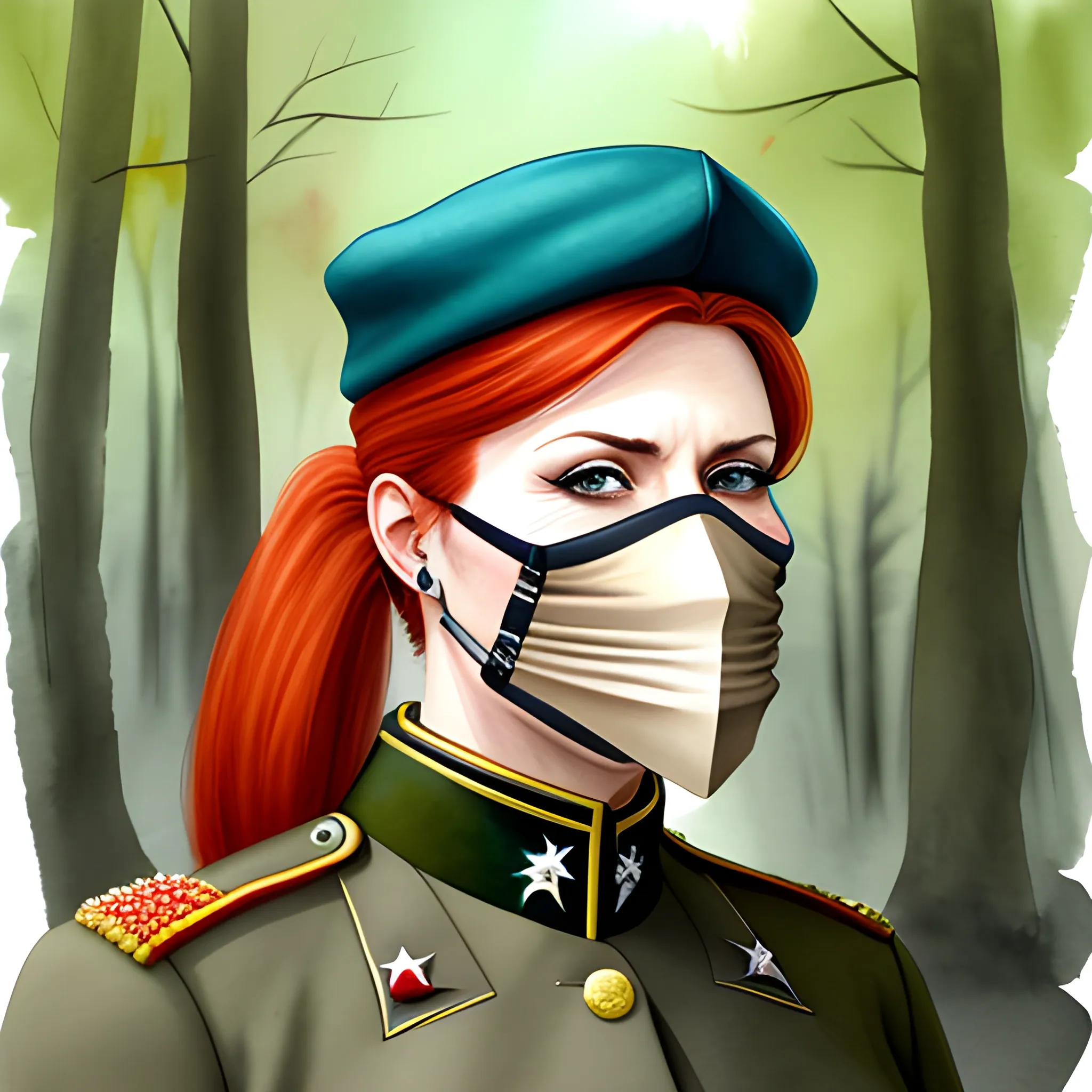 realistic portrait of a innocent young teen girl, redhead pony tail, french militar uniform, bandana covering the mouth, rifle on the back, young face, Water Color, in the forest, digital painting