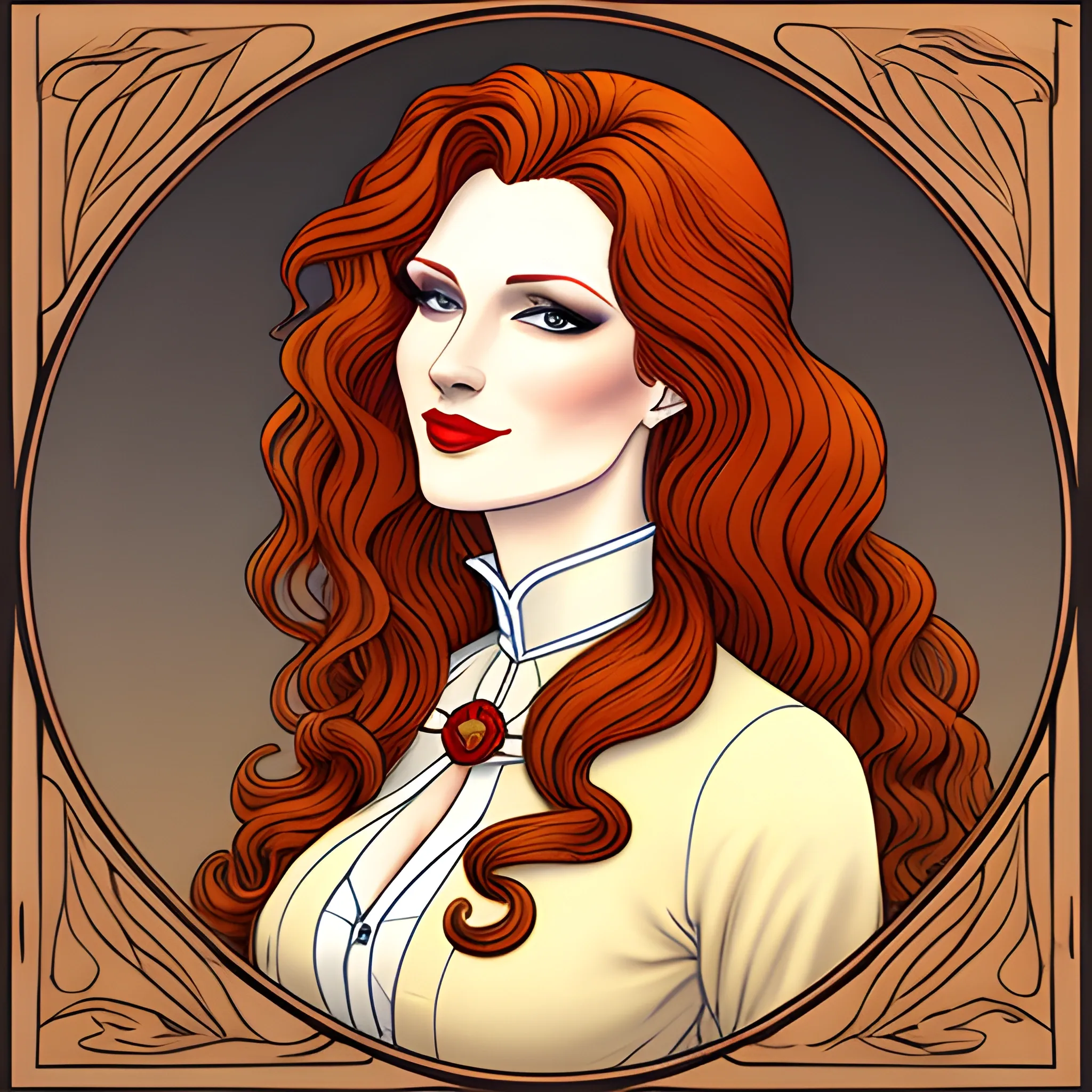 young lady, art nouveau, redhead, wavy hair, old school uniform