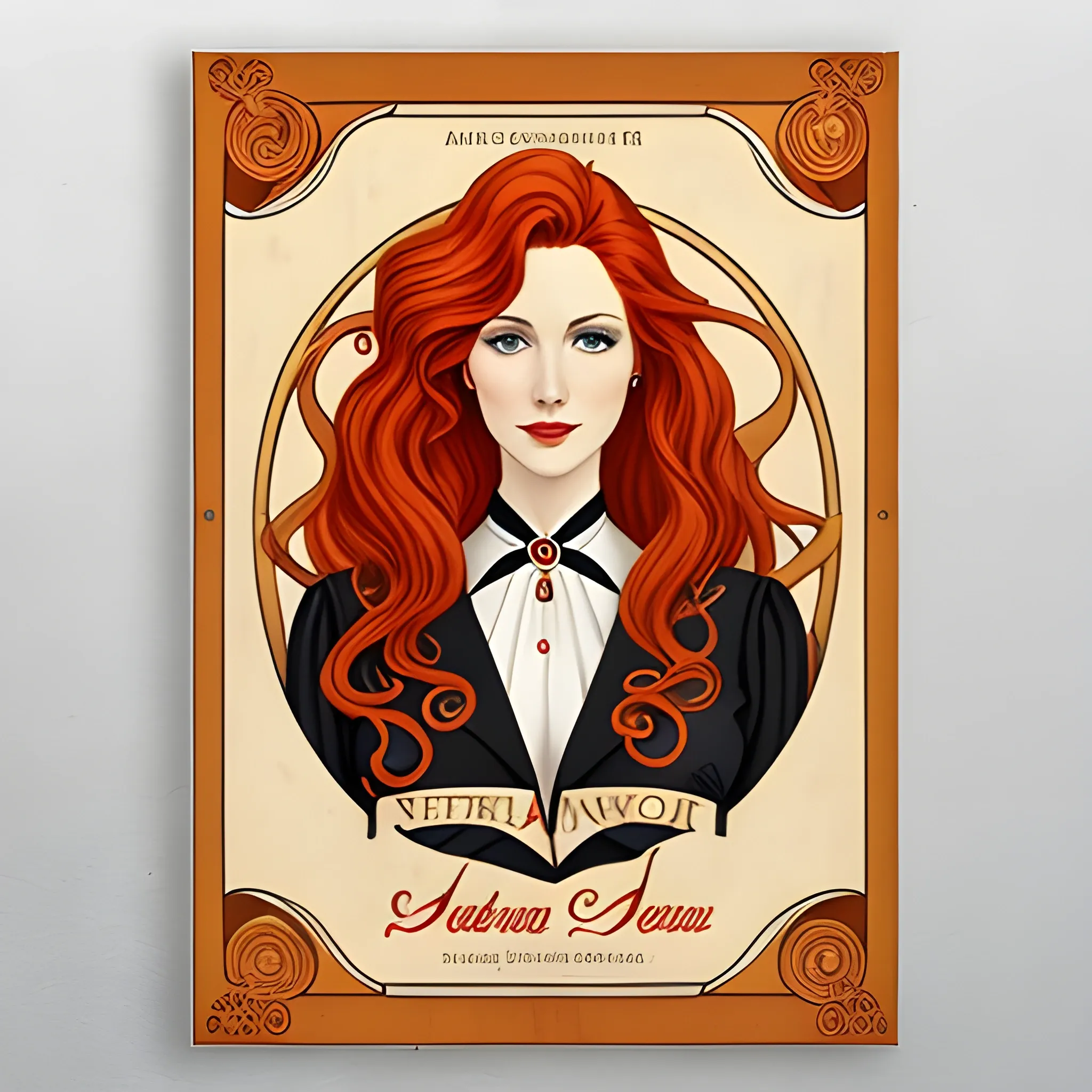 young lady, art nouveau, redhead, wavy hair, old school uniform, big poster