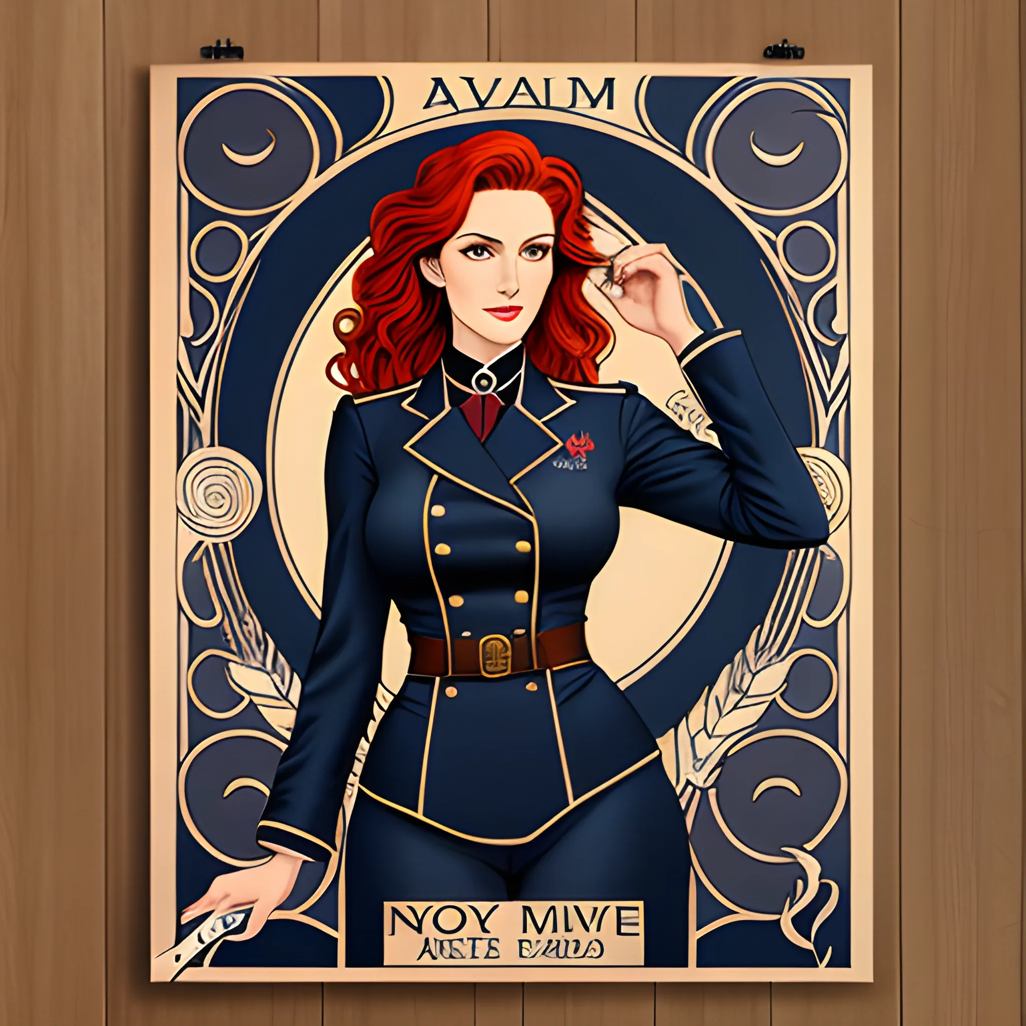 young lady, art nouveau, redhead, wavy hair, navy uniform, big poster