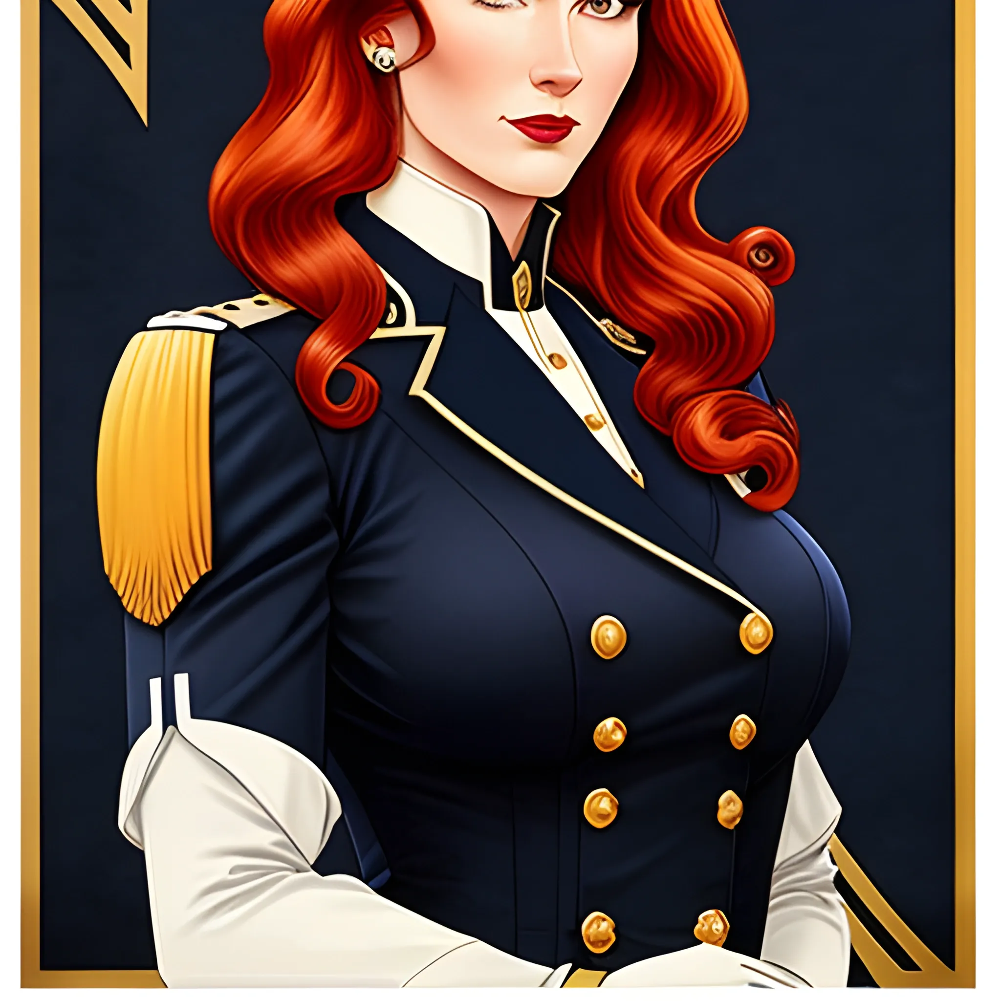 young lady, art nouveau, redhead, wavy hair, navy uniform, big poster, sexy