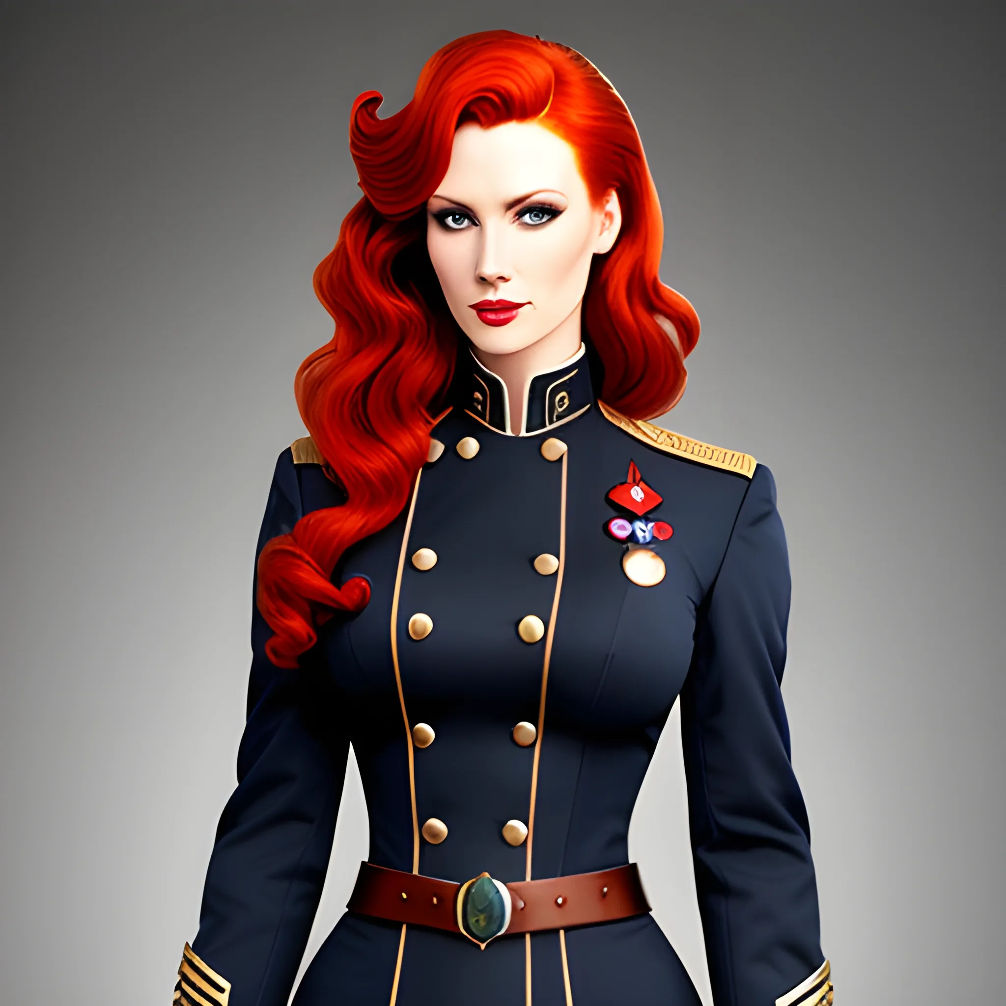 young lady, art nouveau, redhead, wavy hair, navy uniform, , sexy, steampunk