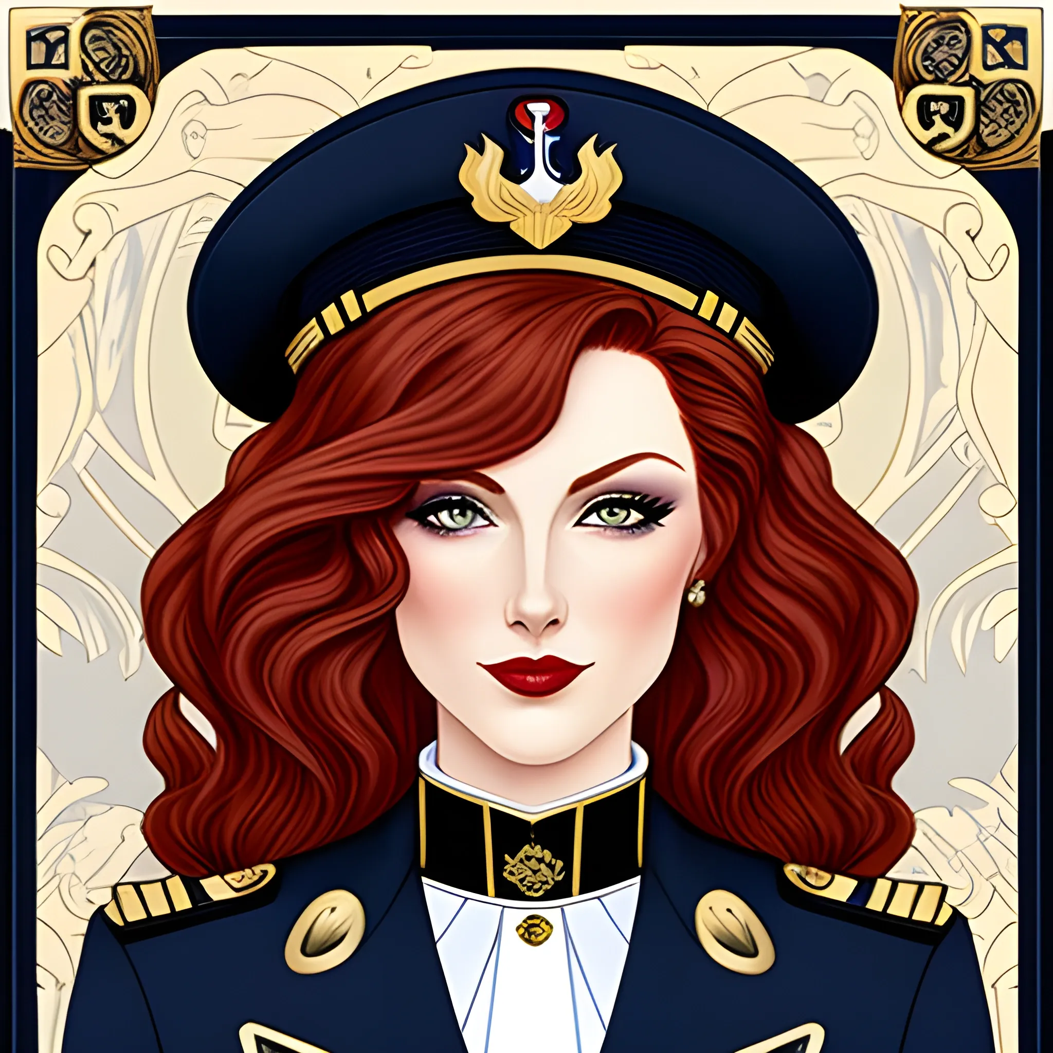 young lady, art nouveau, redhead, wavy hair, navy uniform, , sex... -  Arthub.ai