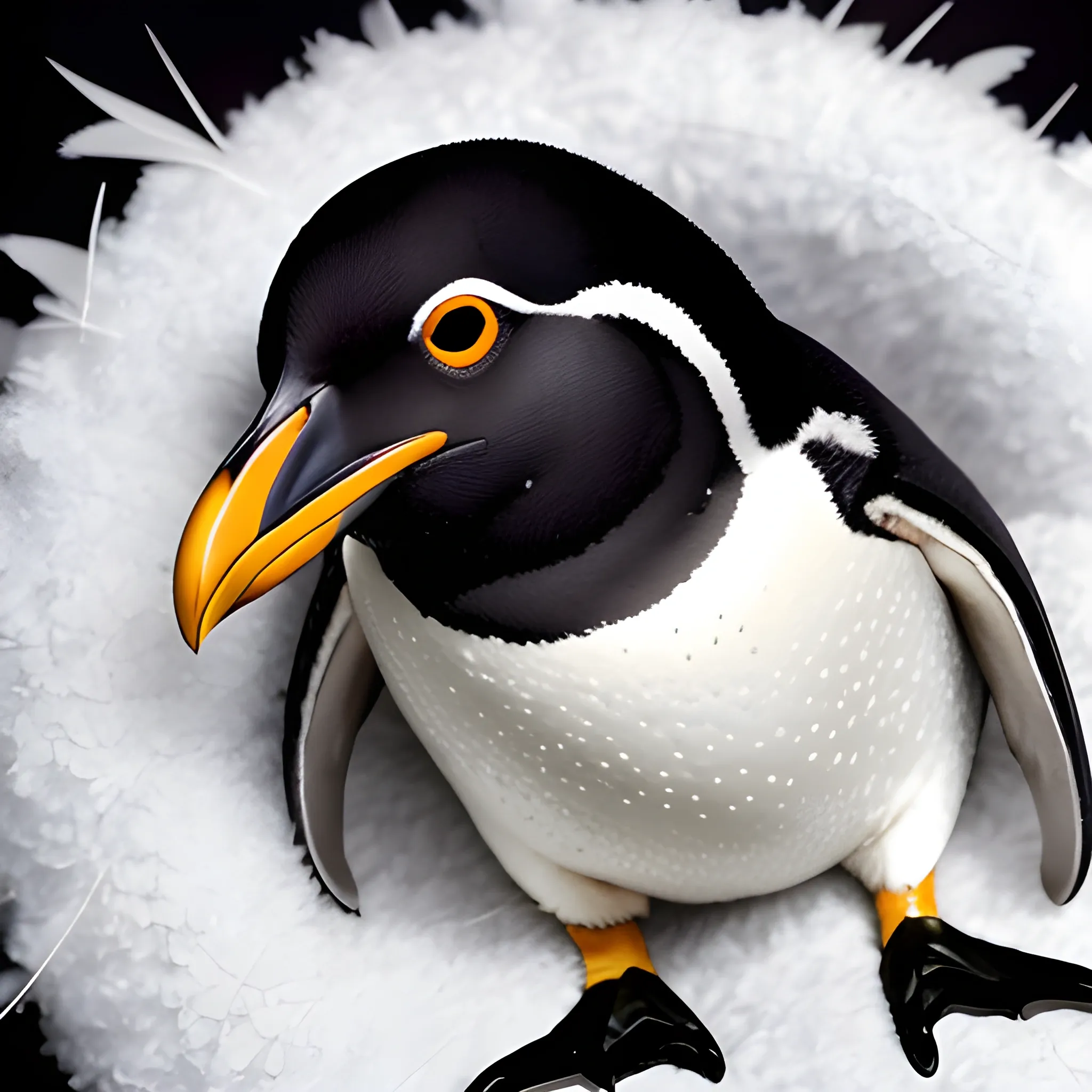 Photo, A newborn penguin chick. It has a round body covered in fluffy feathers. The belly, back, and other parts of the body are covered in fluffy silver feathers. The area around the eyes is silver and is directly connected to the silver on the belly. The beak, between the eyebrows, the top and back of the head, and the feathers are black. The beak is black and short. There are no yellow parts on the whole body.