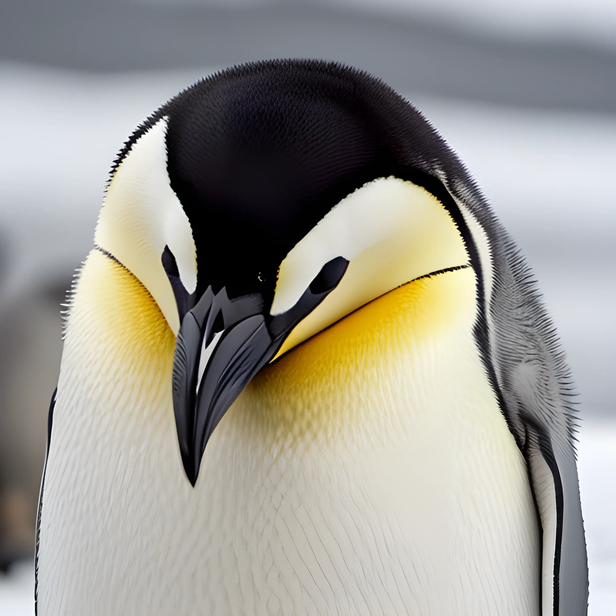 Photo, Profile of a newborn emperor penguin chick. It has a round body and is covered in fluffy feathers. The abdomen, back, and other parts of the body are covered in silver feathers. The area around the eyes is silver and is directly connected to the silver on the belly. The beak, between the eyebrows, and the top and back of the head are black. The beak is short and black. There are no yellow parts on the whole body.
Negativr prompt, yellow, orange