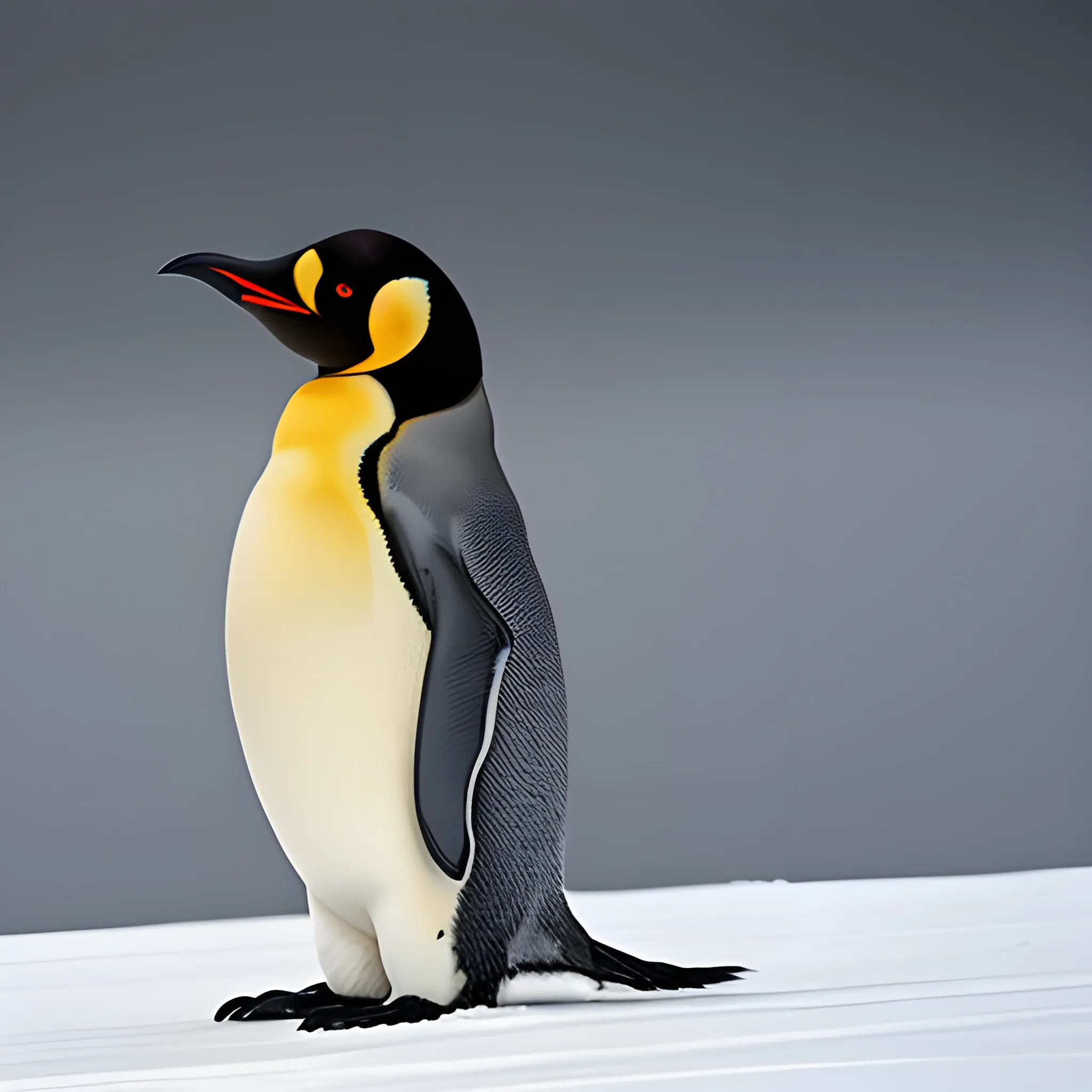 Photo, Profile of a newborn emperor penguin chick. It has a round body and is covered in fluffy feathers. The abdomen, back, and other parts of the body are covered in silver feathers. The area around the eyes is silver and is directly connected to the silver on the belly. The beak, between the eyebrows, and the top and back of the head are black. The beak is short and black. There are no yellow parts on the whole body.
Negativr prompt, yellow, orange, red