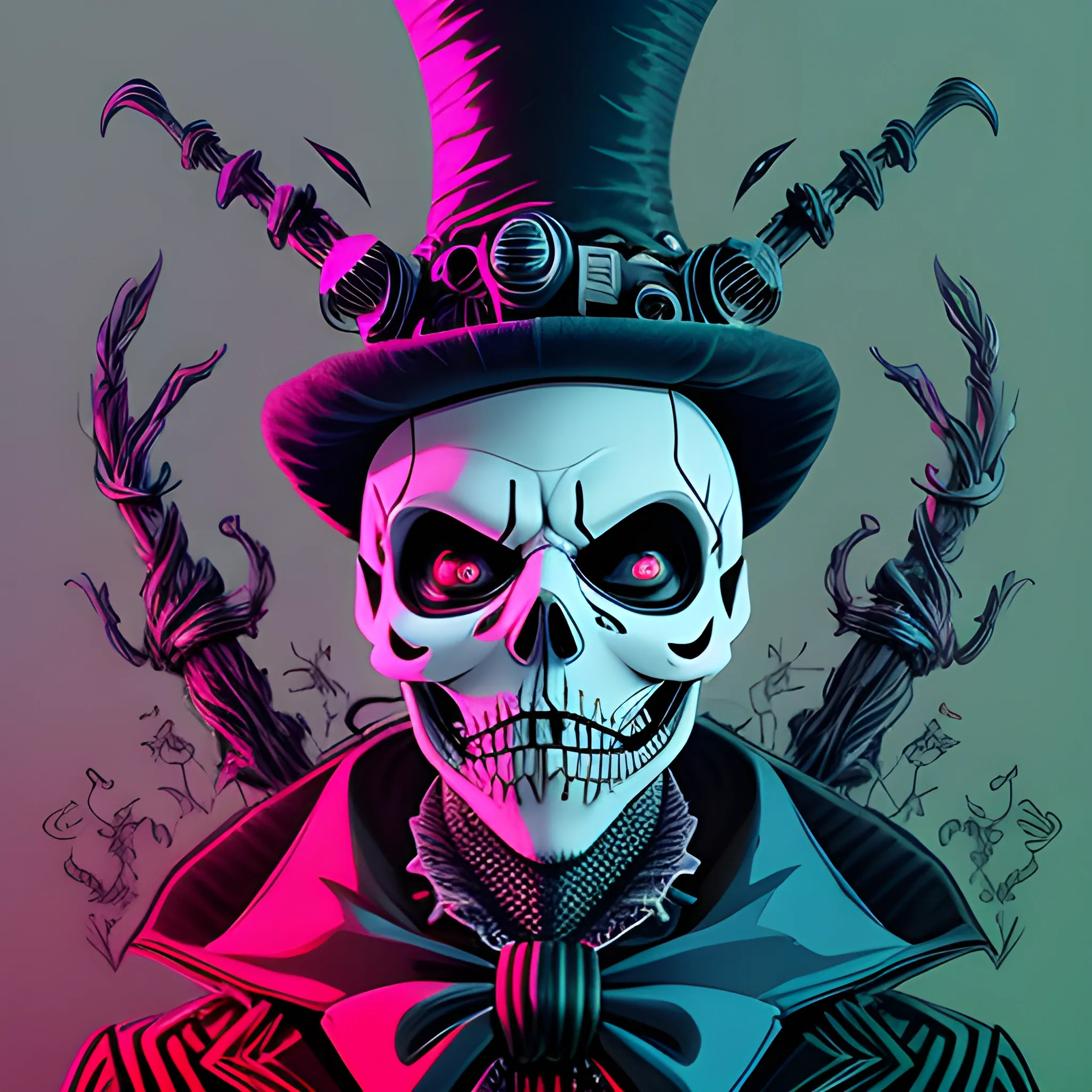 Cyber Skull  Jack Skellington from the nightmare before christmas wearing the mad hatter from Alice in wonderland hat Logo design,  wlop,  ilya,  ultra hyper-detailed, dark fantasy art,  demonic,  sinister,  extremely well drawn and design,  NFT perfection, perfect composition, surrealism,  neon noir outlines, Disney Style,  cartoonish style,  2D, fantasy,  detailed,  vibrant colours,  colorful smoke, colorful vapor,  vibrant colors,  vivid, omen theme,  lightning storm,  thunder striking,  Poster style,  NFT, goth vibe, cyberpunk,  noir,  character model sheet, game art concept,  Meticulous, elaborate,  darkness, toxic, industrial music scene,  steampunk, hard-core, horror style themed, Pencil Sketch